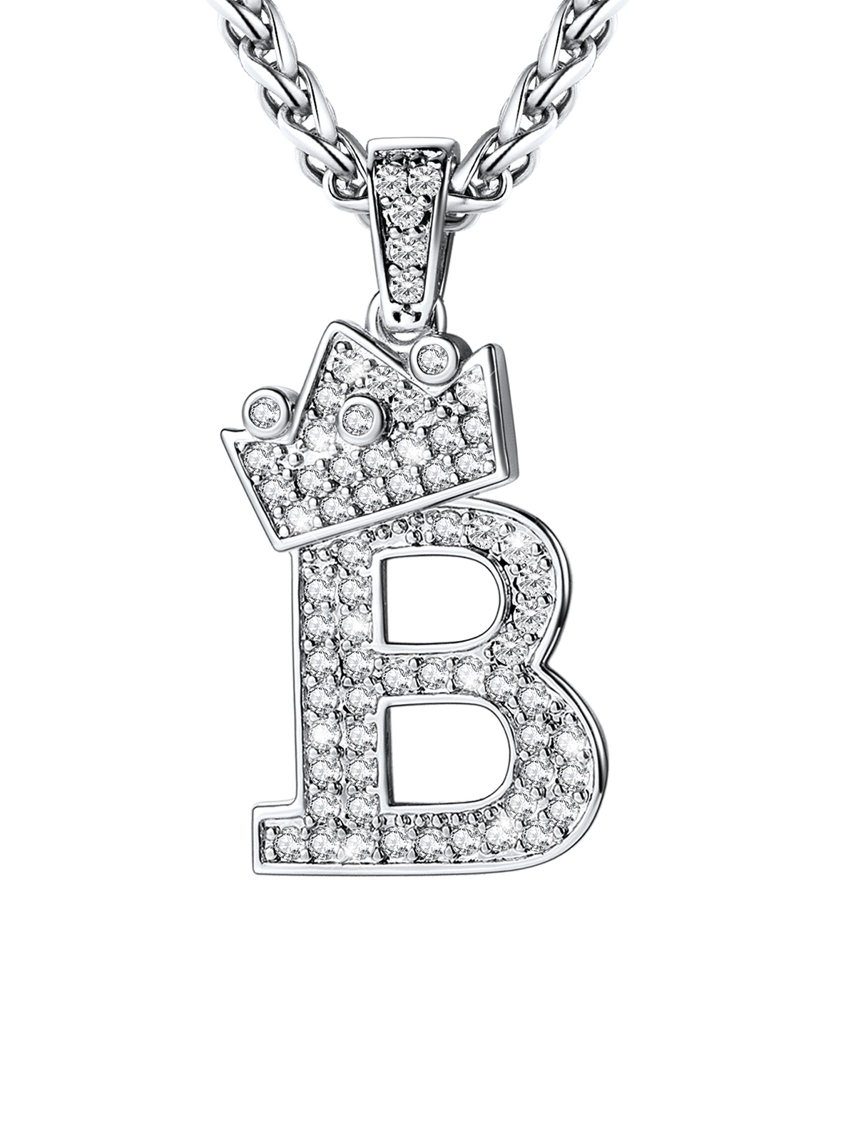 Crown Initial Pendant Iced Out Necklace with CZ in Silver