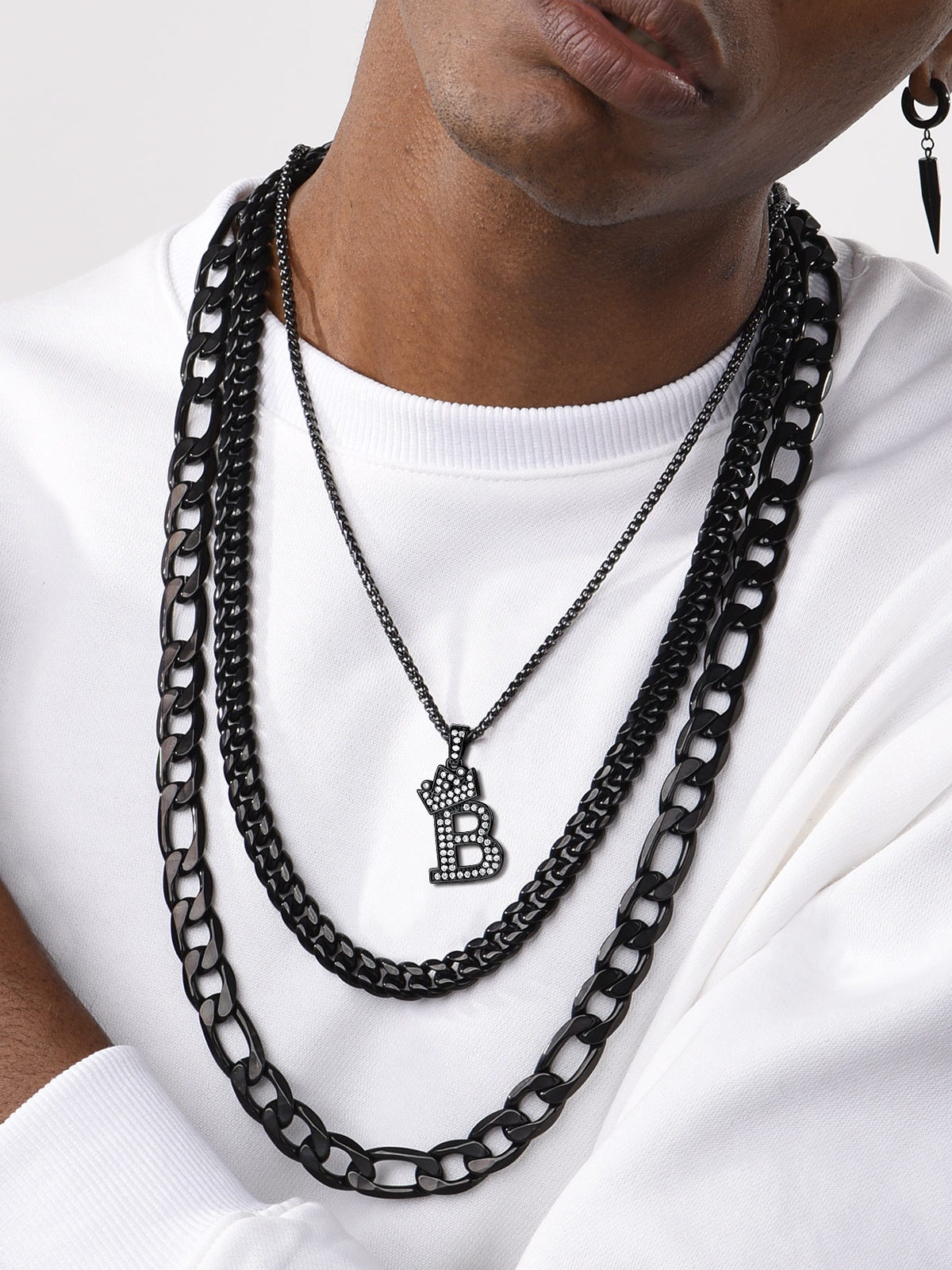 Crown Initial Pendant Iced Out Necklace with CZ in Black
