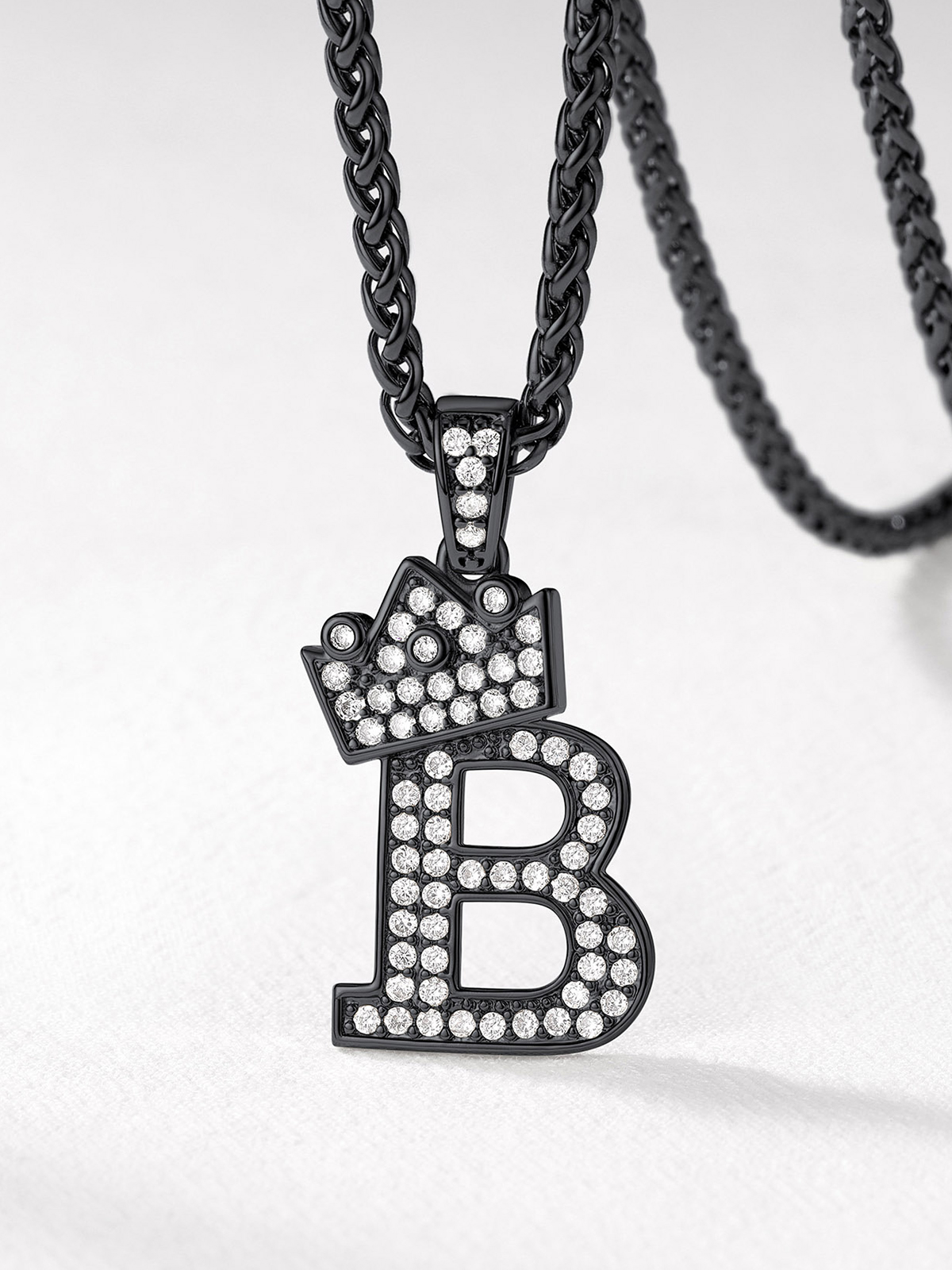 Crown Initial Pendant Iced Out Necklace with CZ in Black