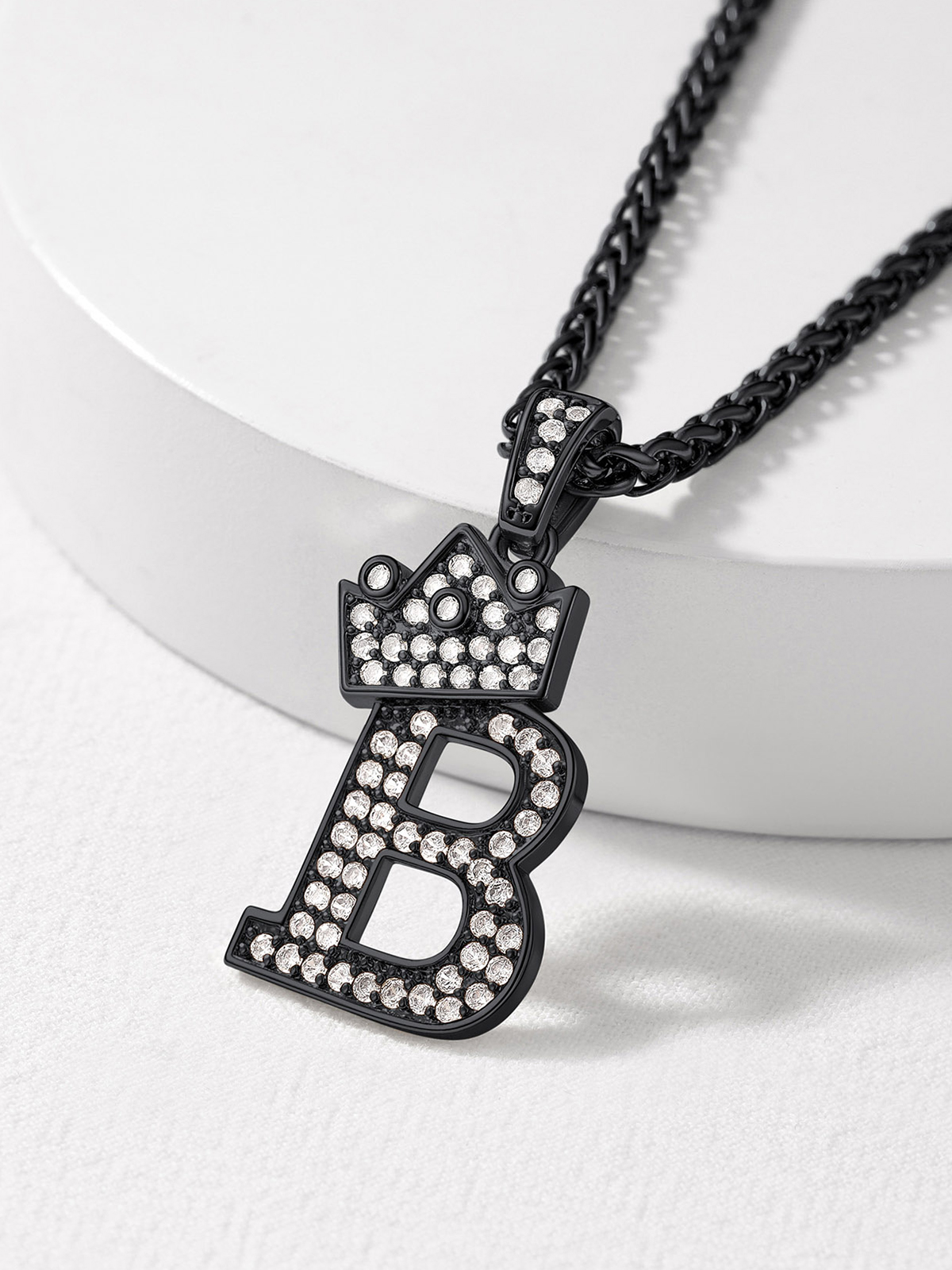 Crown Initial Pendant Iced Out Necklace with CZ in Black
