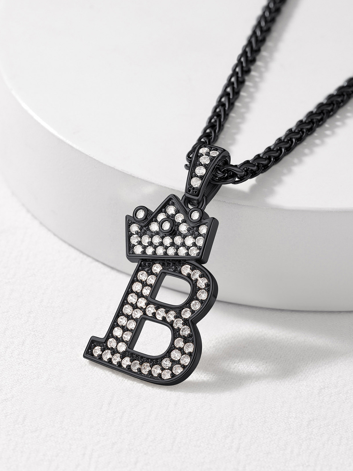 Crown Initial Pendant Iced Out Necklace with CZ in Black