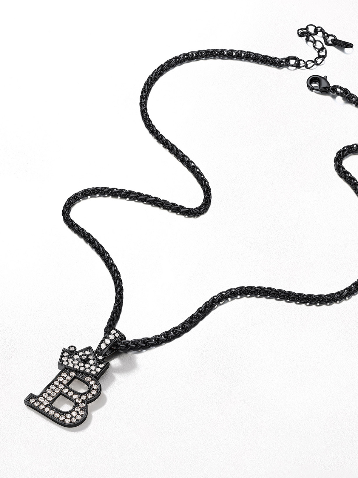 Crown Initial Pendant Iced Out Necklace with CZ in Black