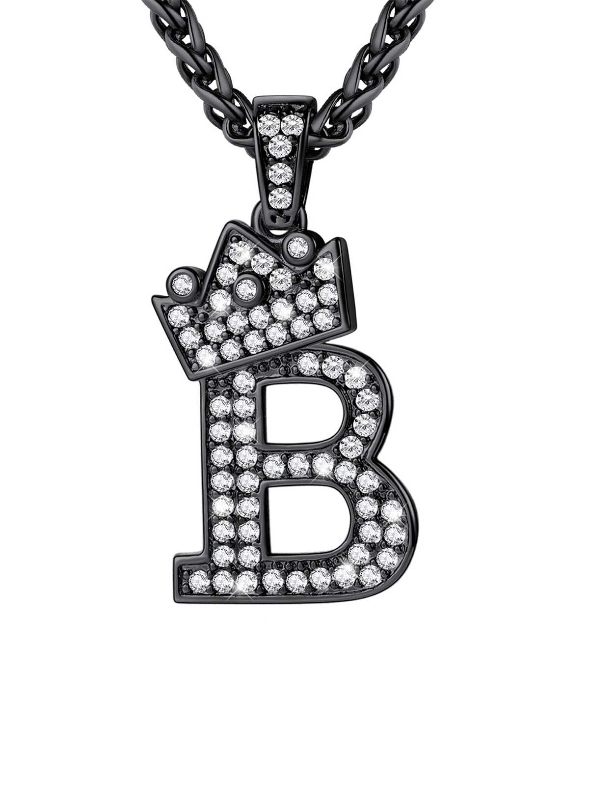 Crown Initial Pendant Iced Out Necklace with CZ in Black