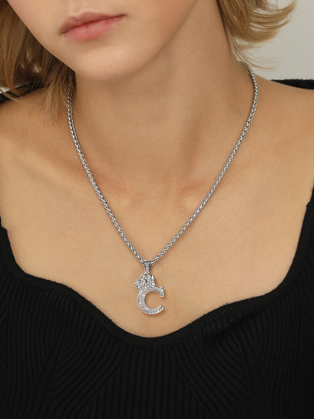 Crown Initial C Pendant Iced Out Necklace with CZ in Silver