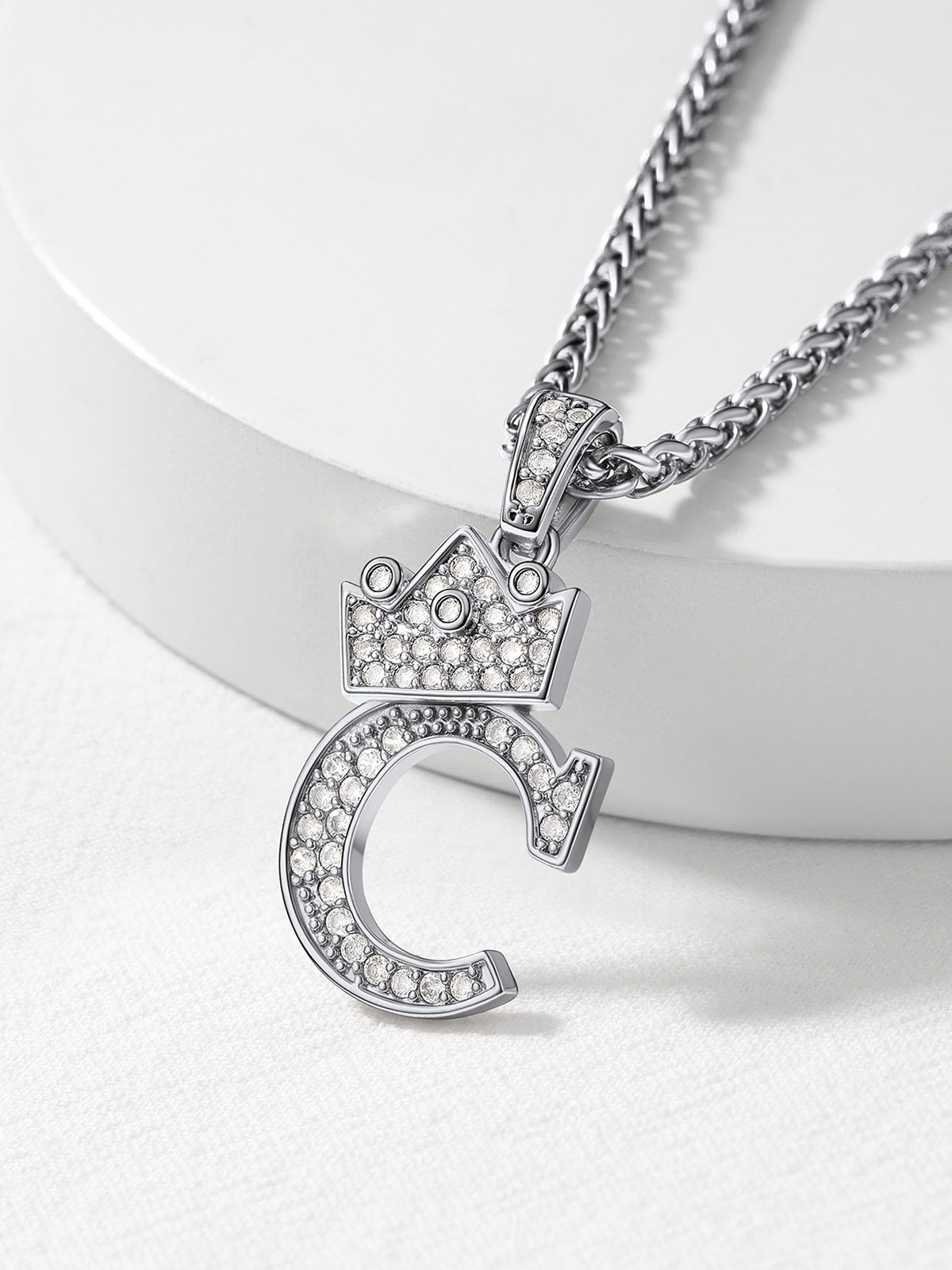 Crown Initial C Pendant Iced Out Necklace with CZ in Silver
