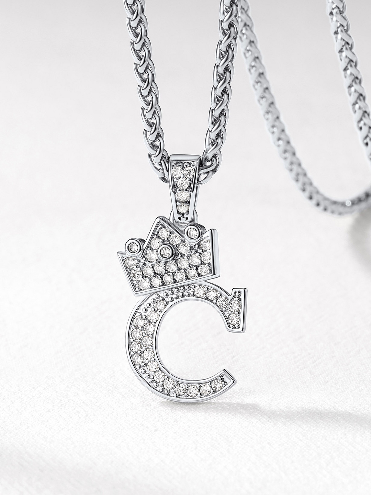 Crown Initial C Pendant Iced Out Necklace with CZ in Silver