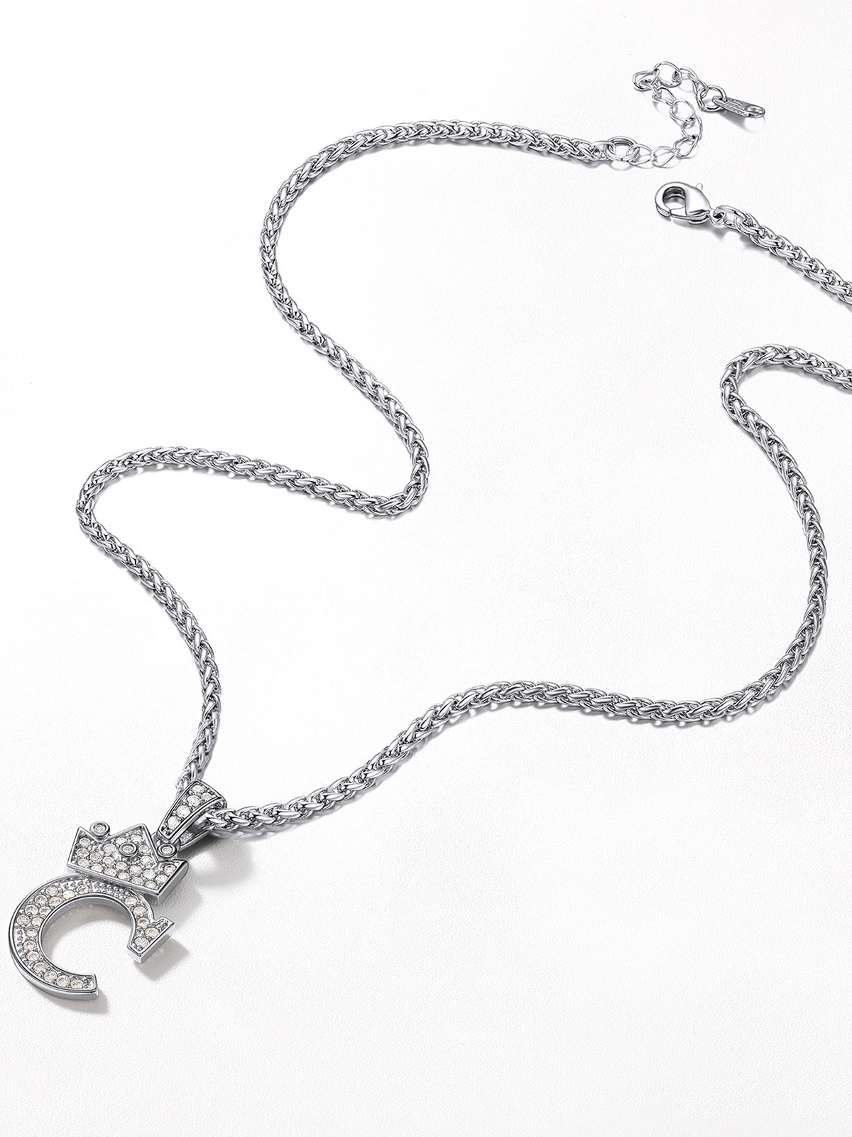 Crown Initial C Pendant Iced Out Necklace with CZ in Silver