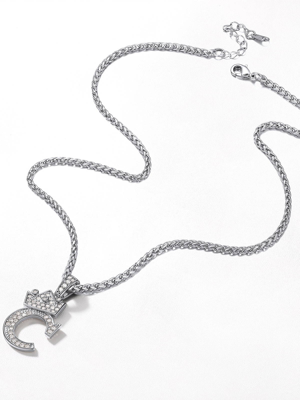 Crown Initial C Pendant Iced Out Necklace with CZ in Silver