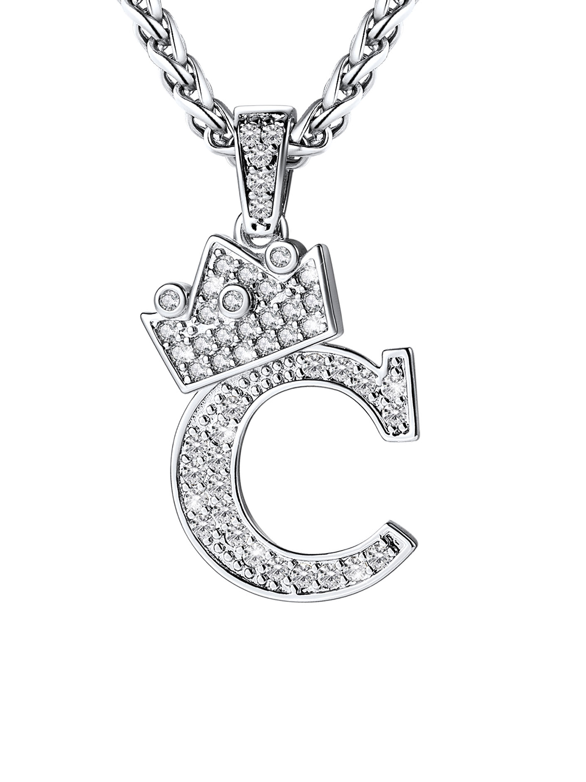 Crown Initial C Pendant Iced Out Necklace with CZ in Silver