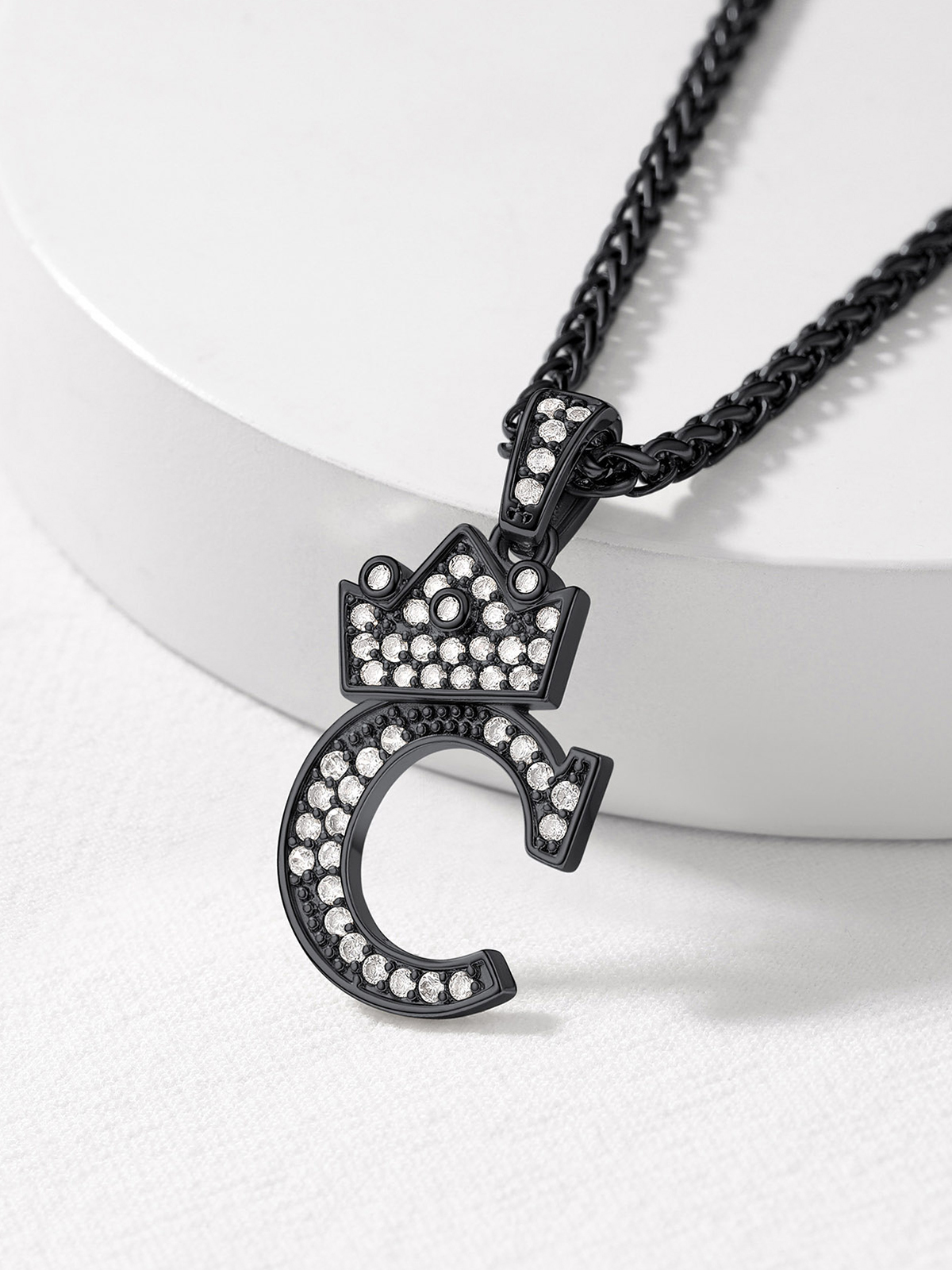 Crown Initial C Pendant Iced Out Necklace with CZ in Black