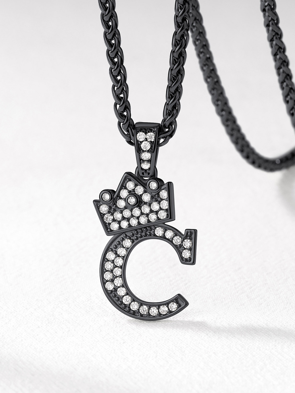 Crown Initial C Pendant Iced Out Necklace with CZ in Black