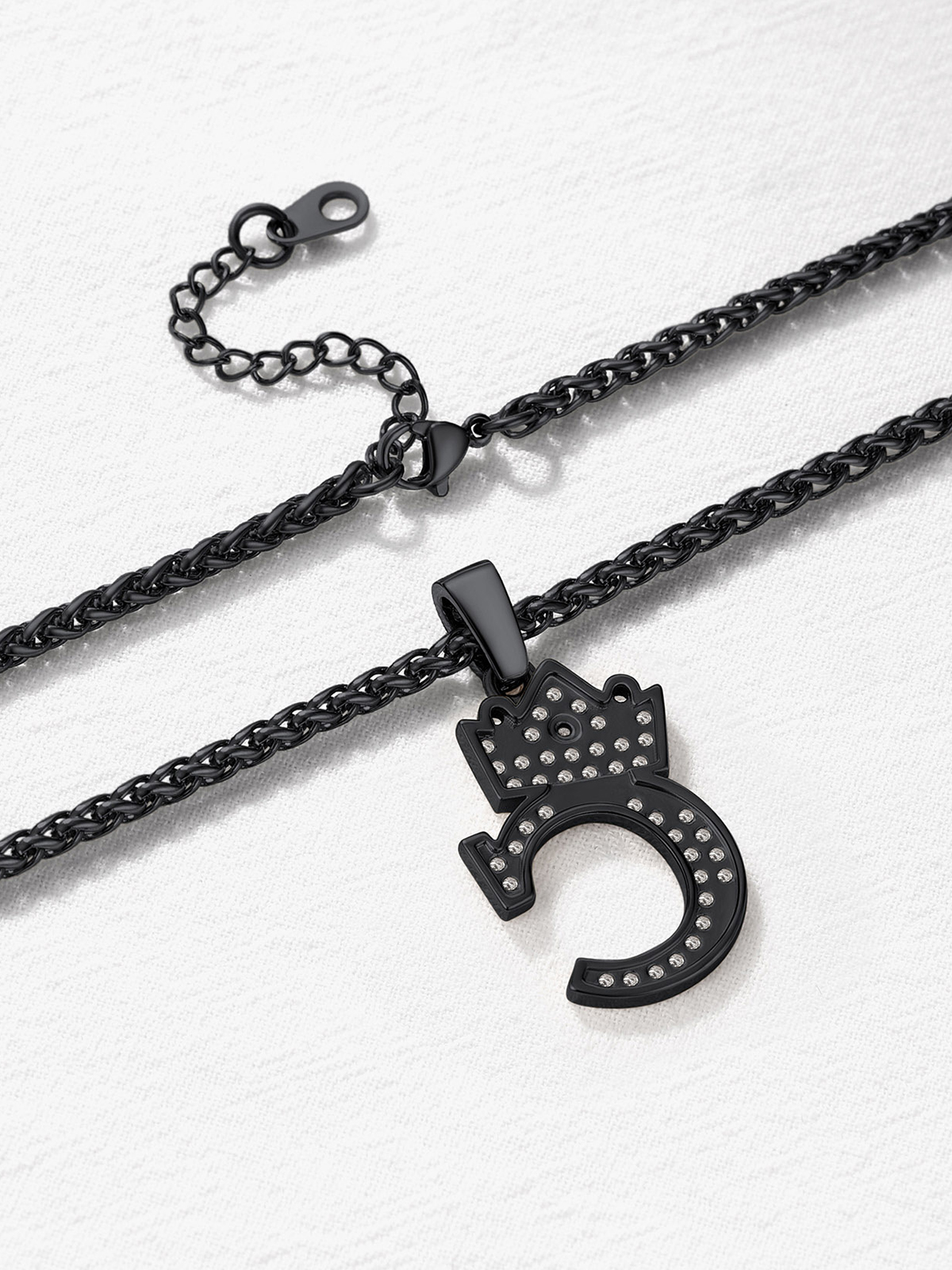 Crown Initial C Pendant Iced Out Necklace with CZ in Black