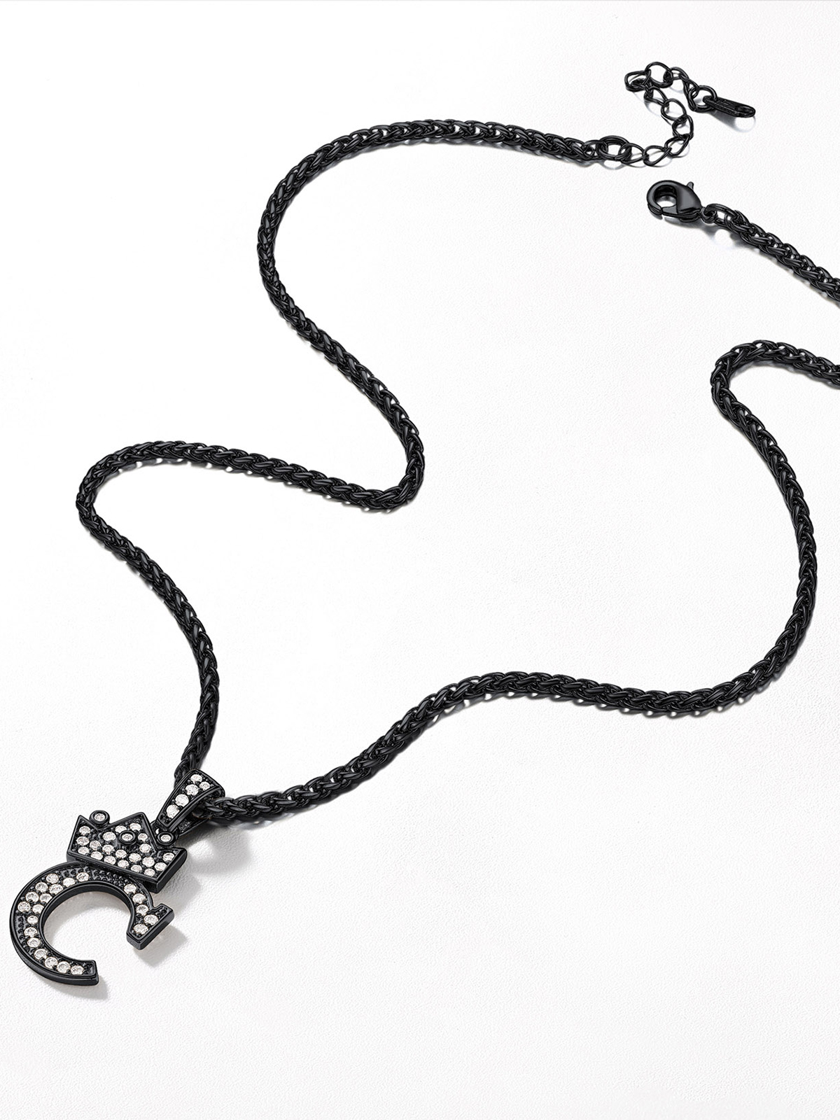 Crown Initial C Pendant Iced Out Necklace with CZ in Black