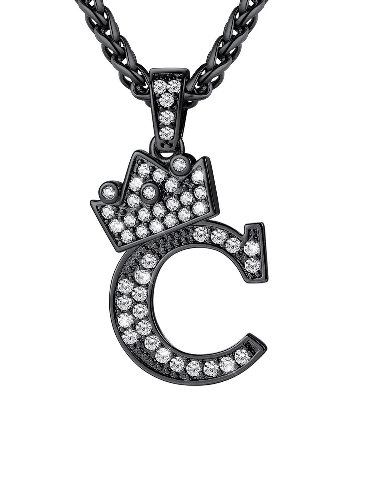 Crown Initial C Pendant Iced Out Necklace with CZ in Black