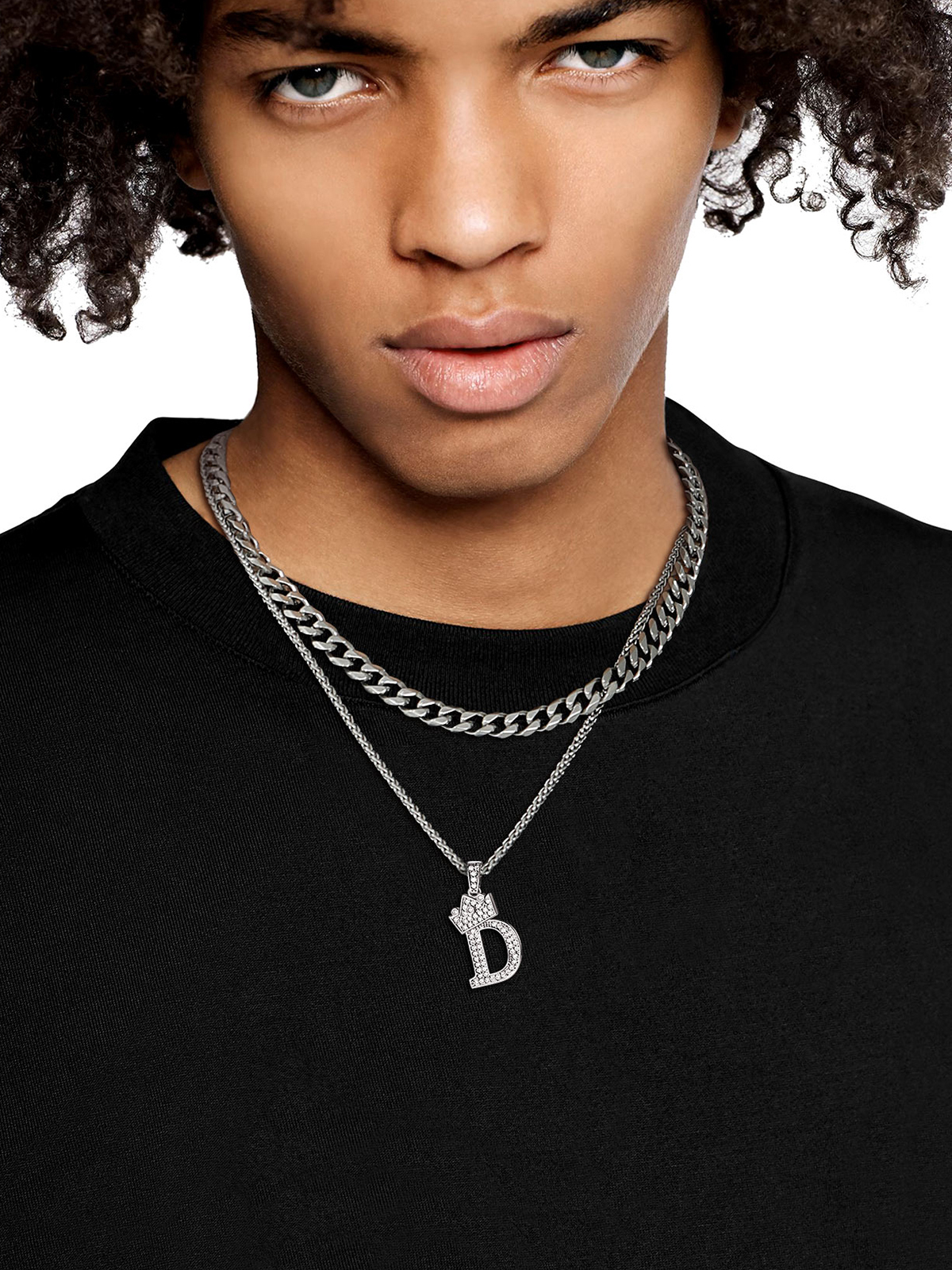 Crown Initial D Pendant Iced Out Necklace with CZ in Silver