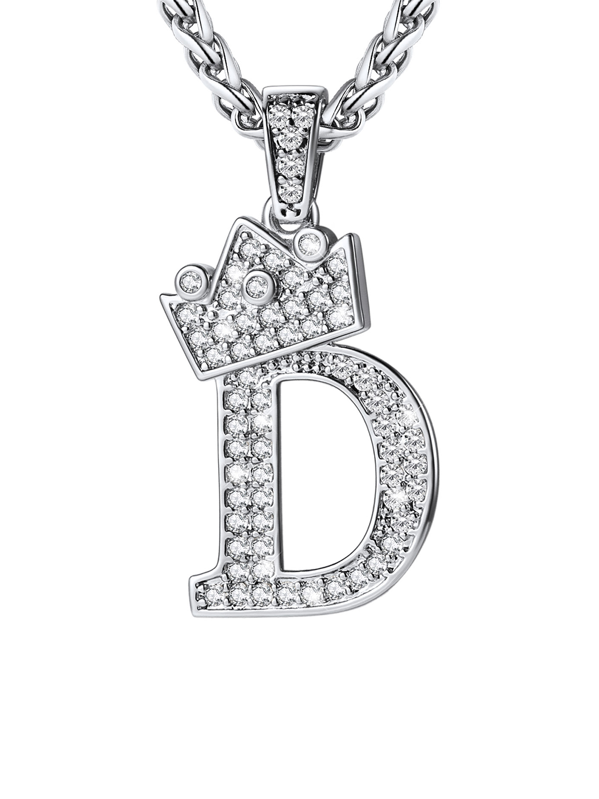 Crown Initial D Pendant Iced Out Necklace with CZ in Silver
