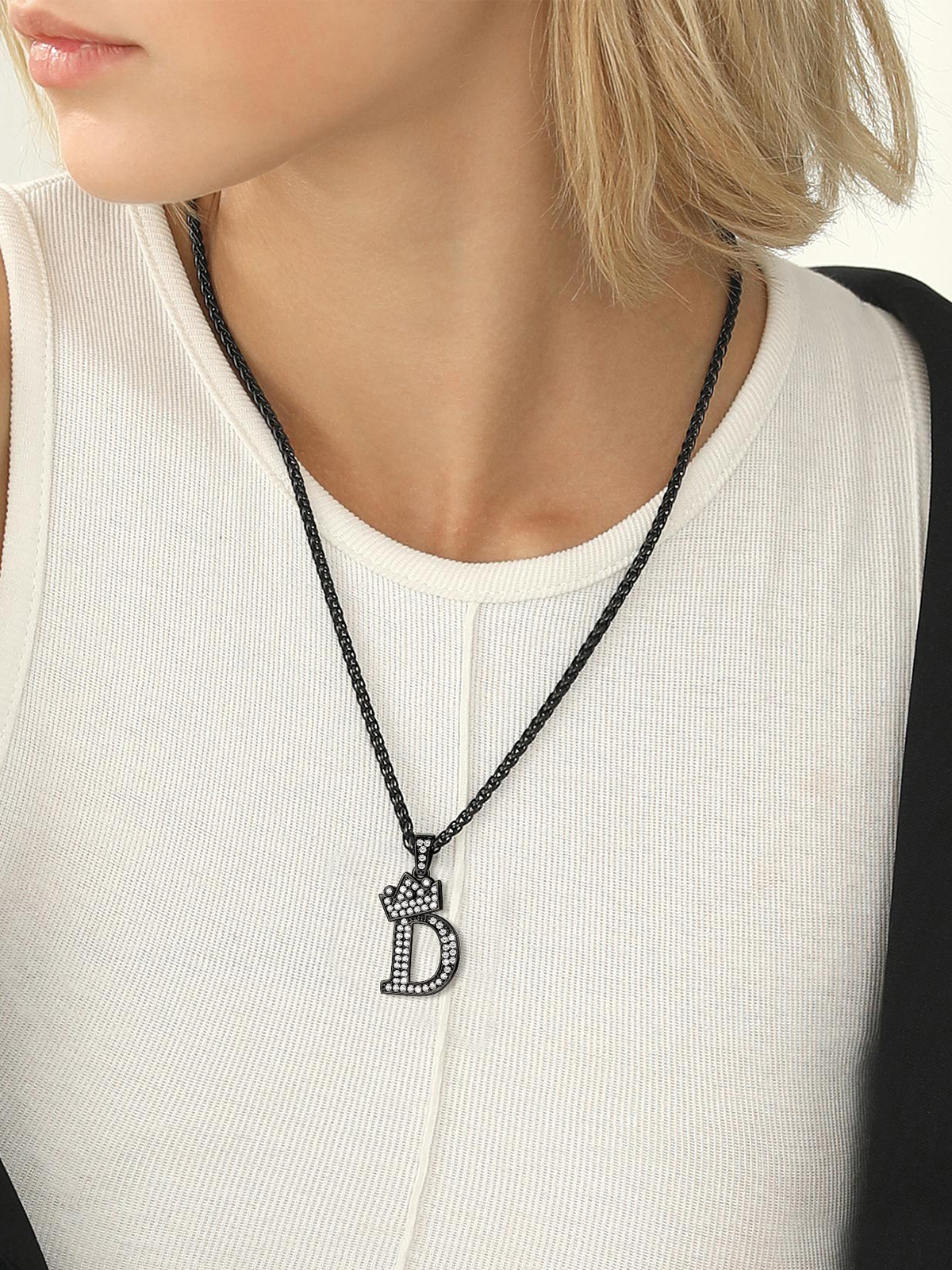 Crown Initial D Pendant Iced Out Necklace with CZ in Black