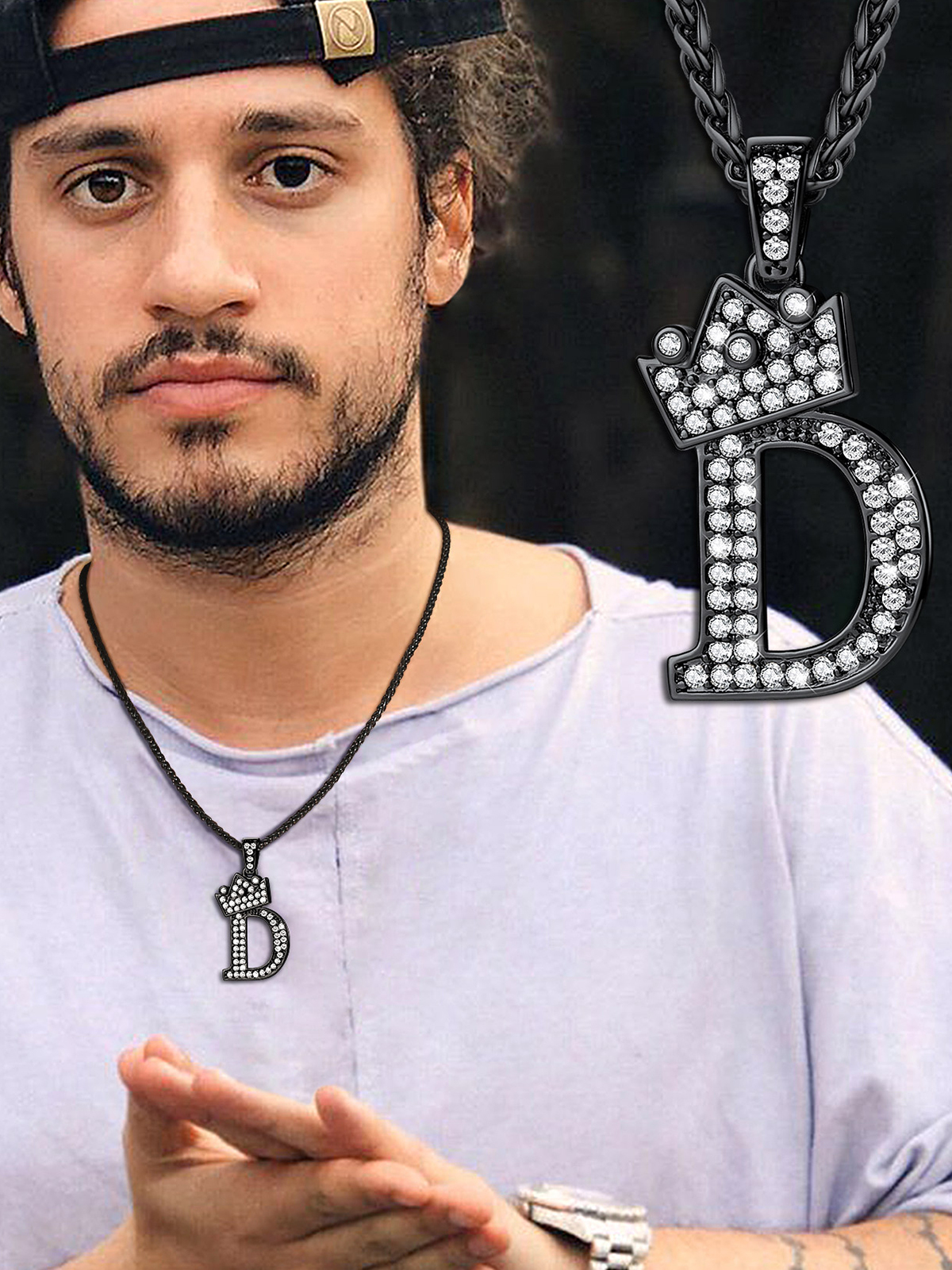 Crown Initial D Pendant Iced Out Necklace with CZ in Black