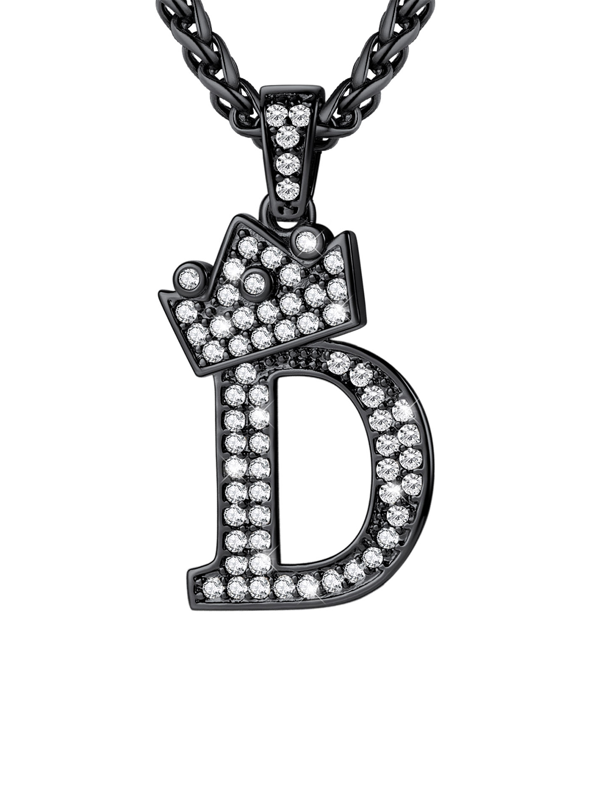 Crown Initial D Pendant Iced Out Necklace with CZ in Black