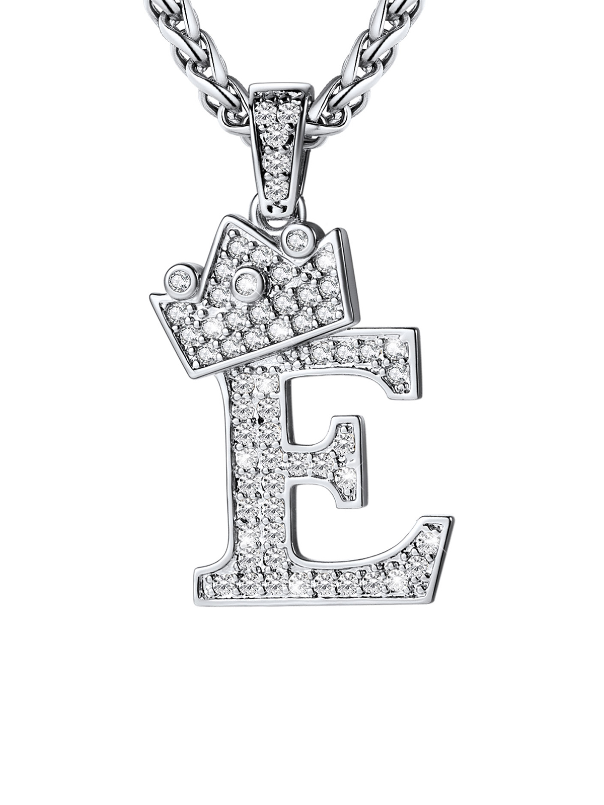 Crown Initial E Pendant Iced Out Necklace with CZ in Silver