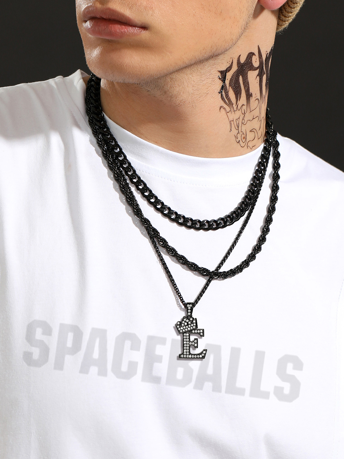 Crown Initial E Pendant Iced Out Necklace with CZ in Black