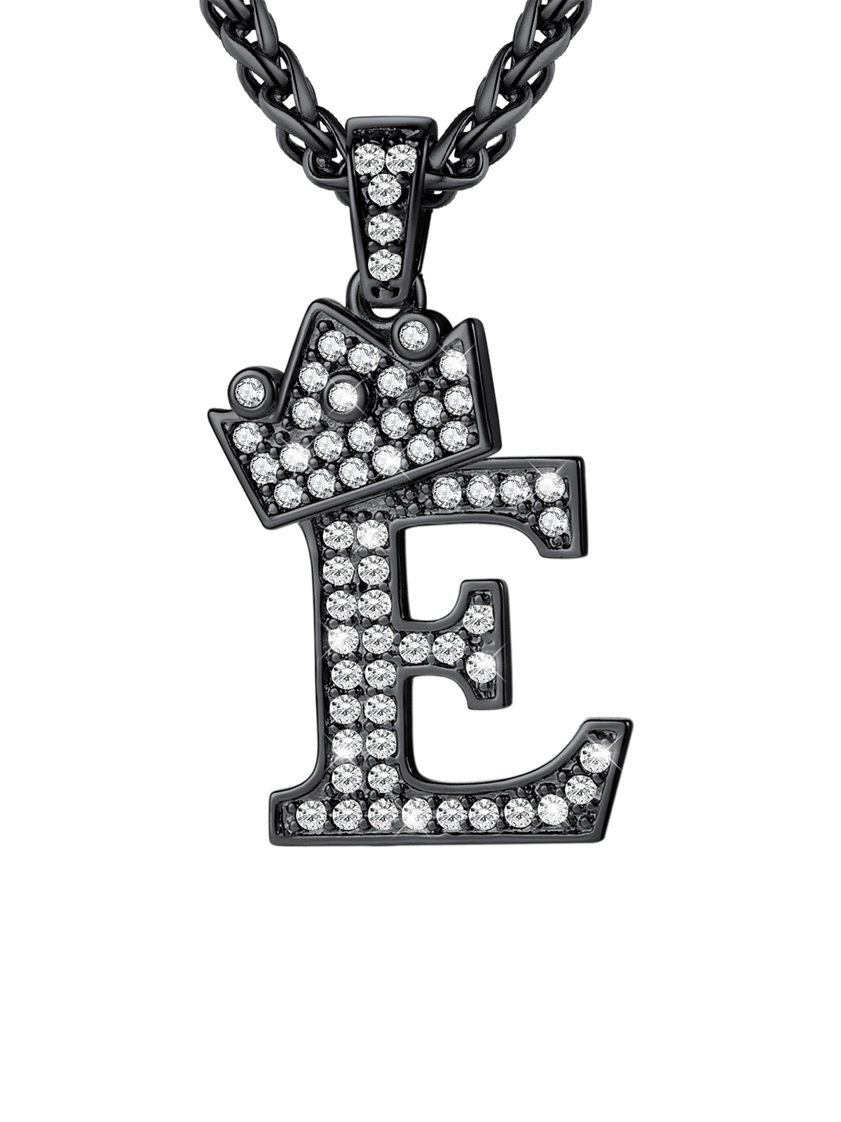 Crown Initial E Pendant Iced Out Necklace with CZ in Black