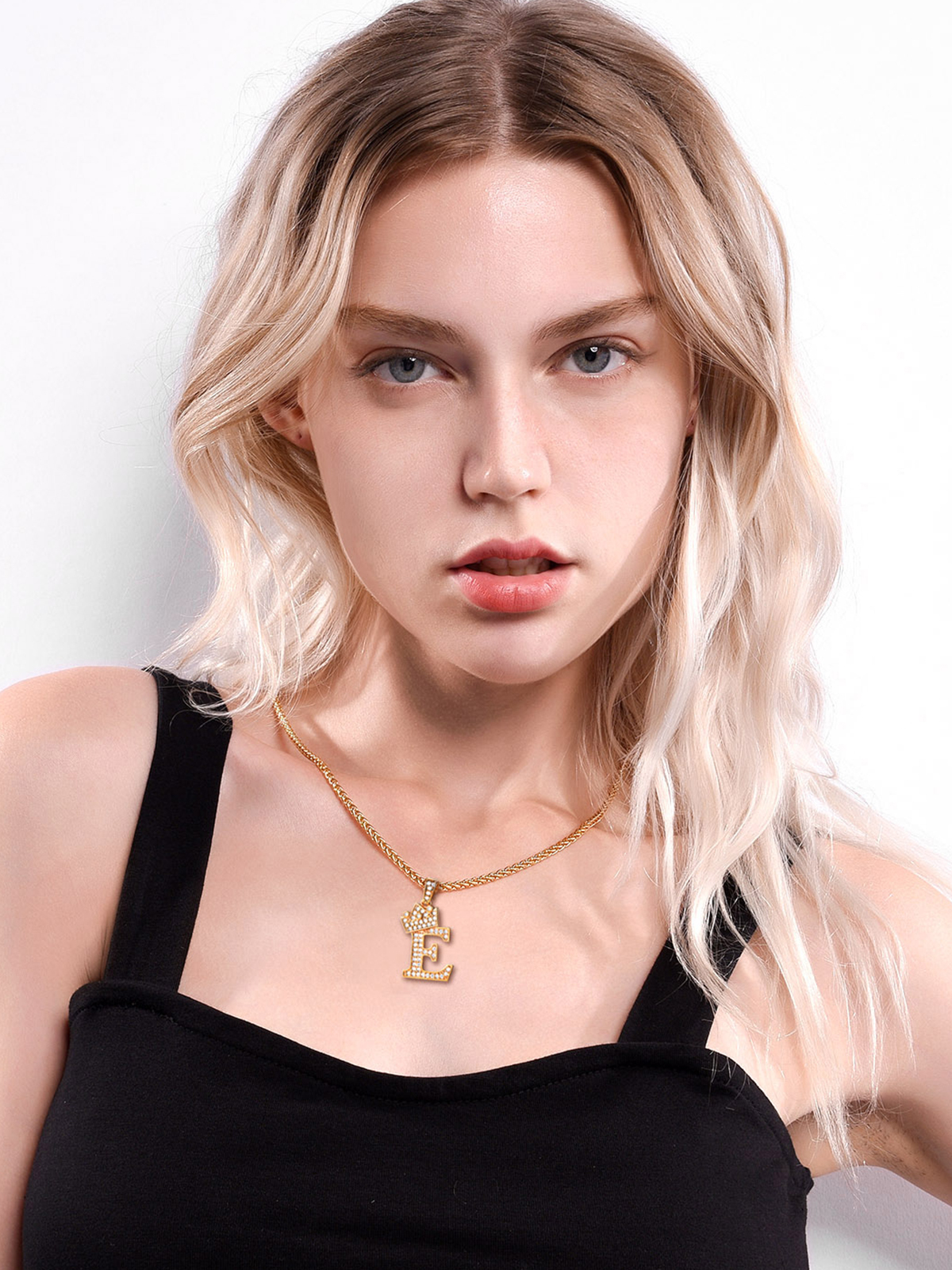 Crown Initial E Pendant Iced Out Necklace with CZ in 18K Gold