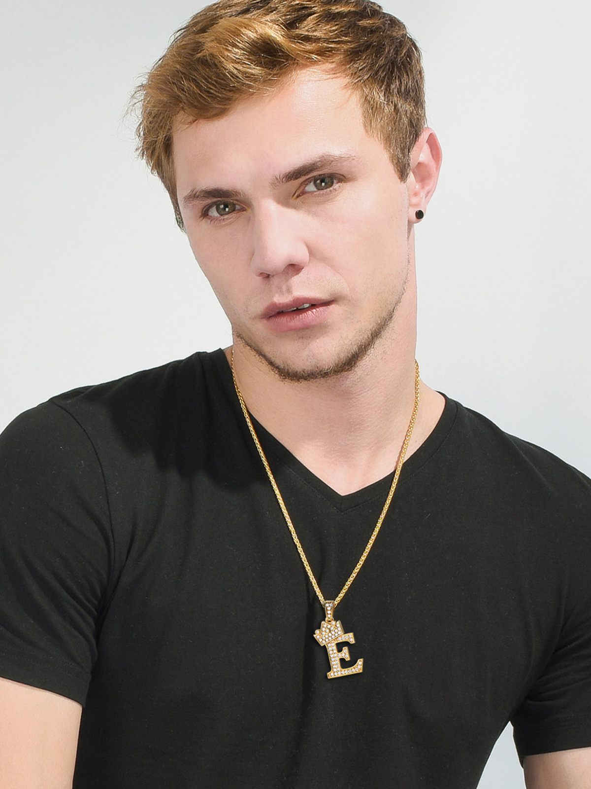 Crown Initial E Pendant Iced Out Necklace with CZ in 18K Gold