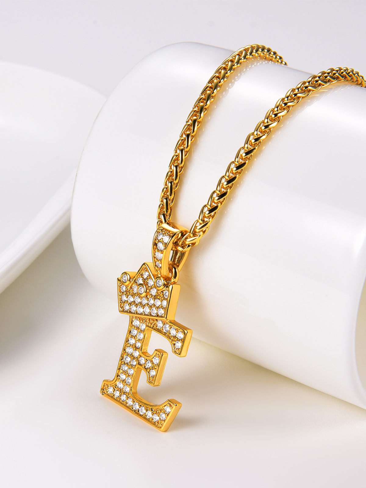 Crown Initial E Pendant Iced Out Necklace with CZ in 18K Gold