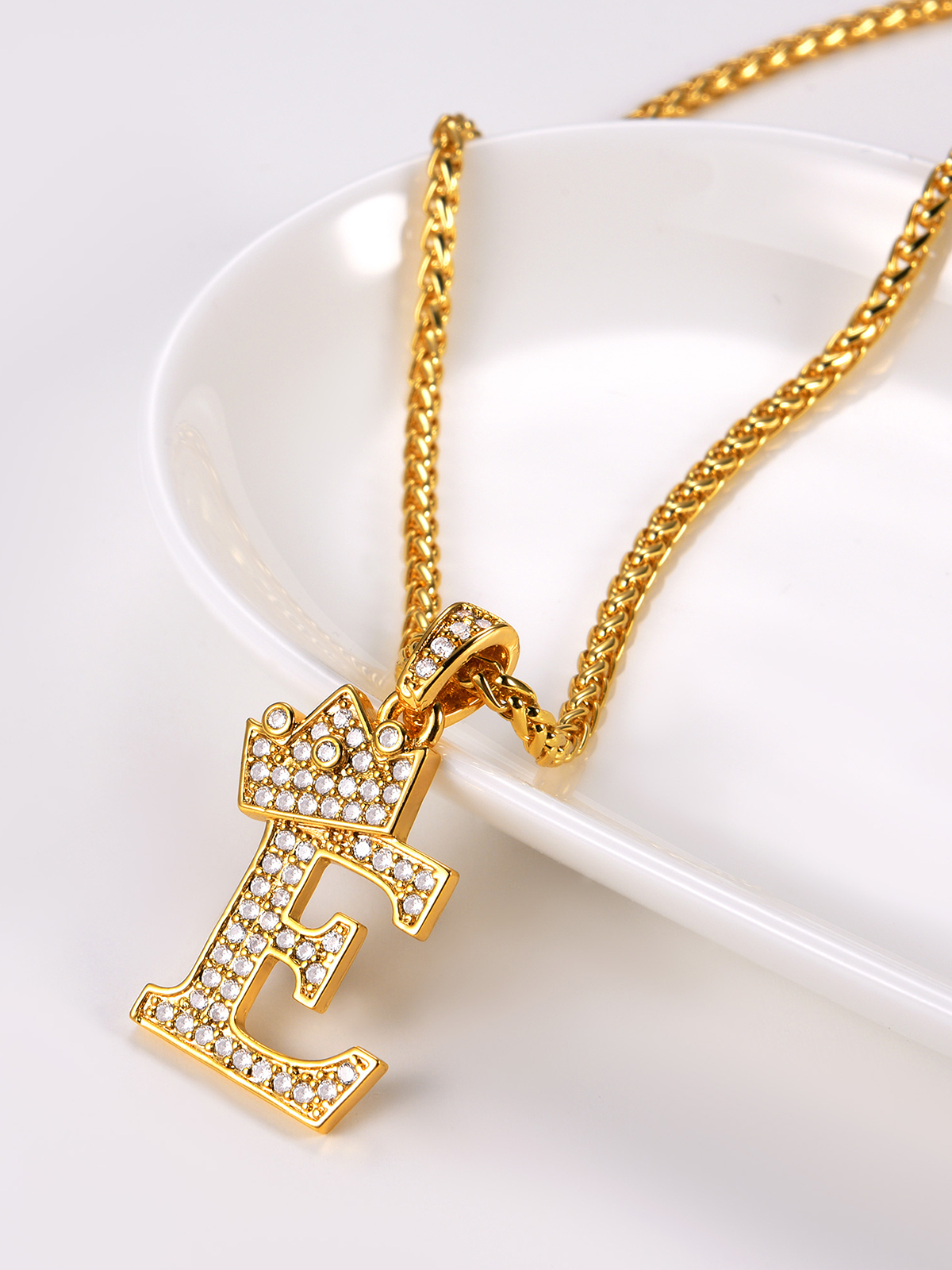 Crown Initial E Pendant Iced Out Necklace with CZ in 18K Gold
