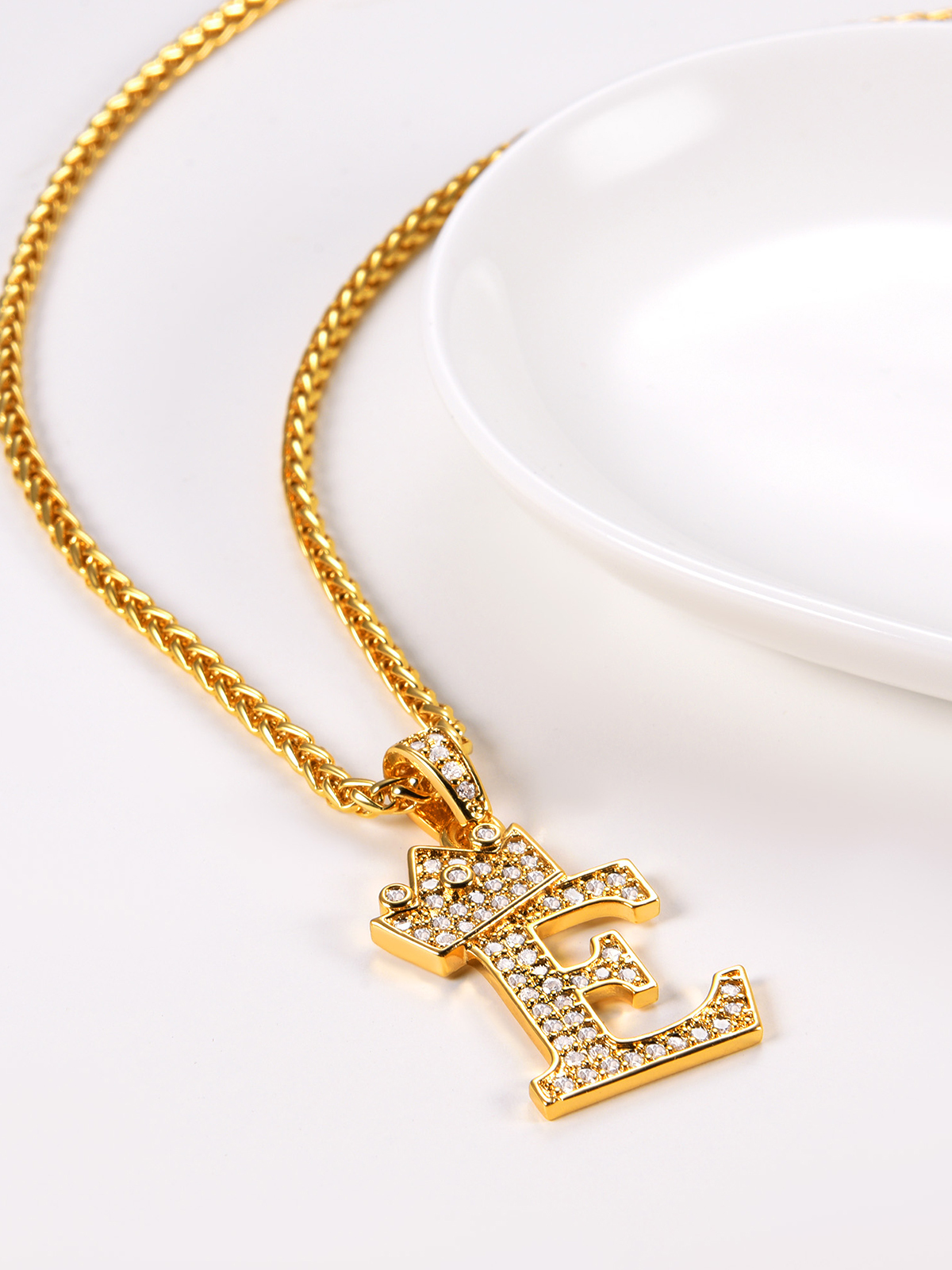 Crown Initial E Pendant Iced Out Necklace with CZ in 18K Gold