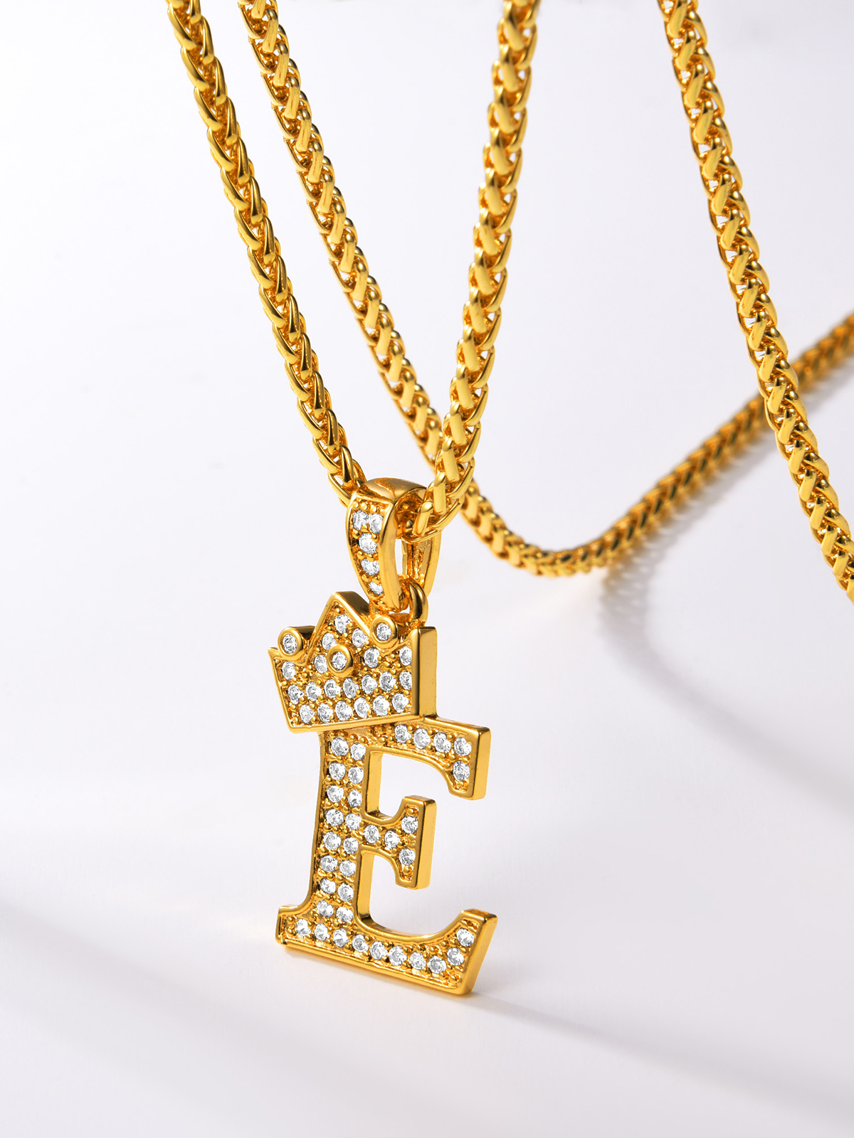 Crown Initial E Pendant Iced Out Necklace with CZ in 18K Gold