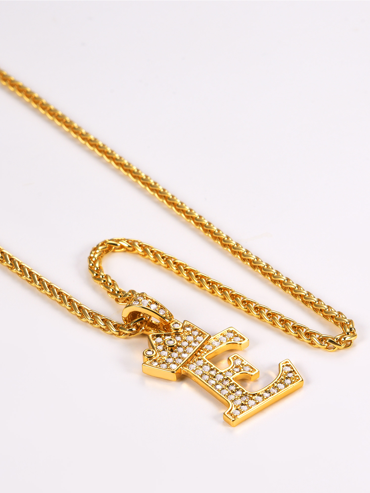 Crown Initial E Pendant Iced Out Necklace with CZ in 18K Gold