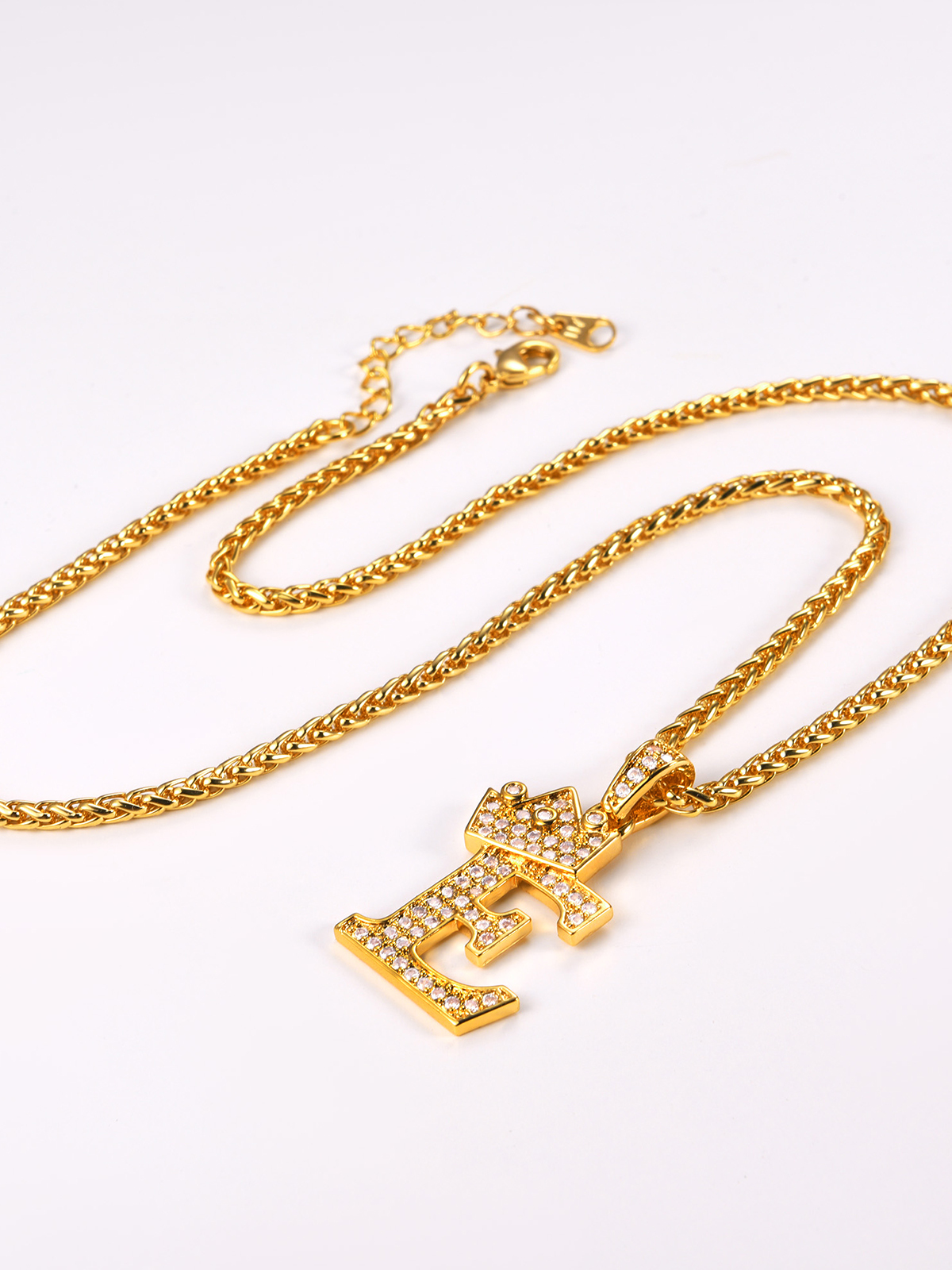Crown Initial E Pendant Iced Out Necklace with CZ in 18K Gold