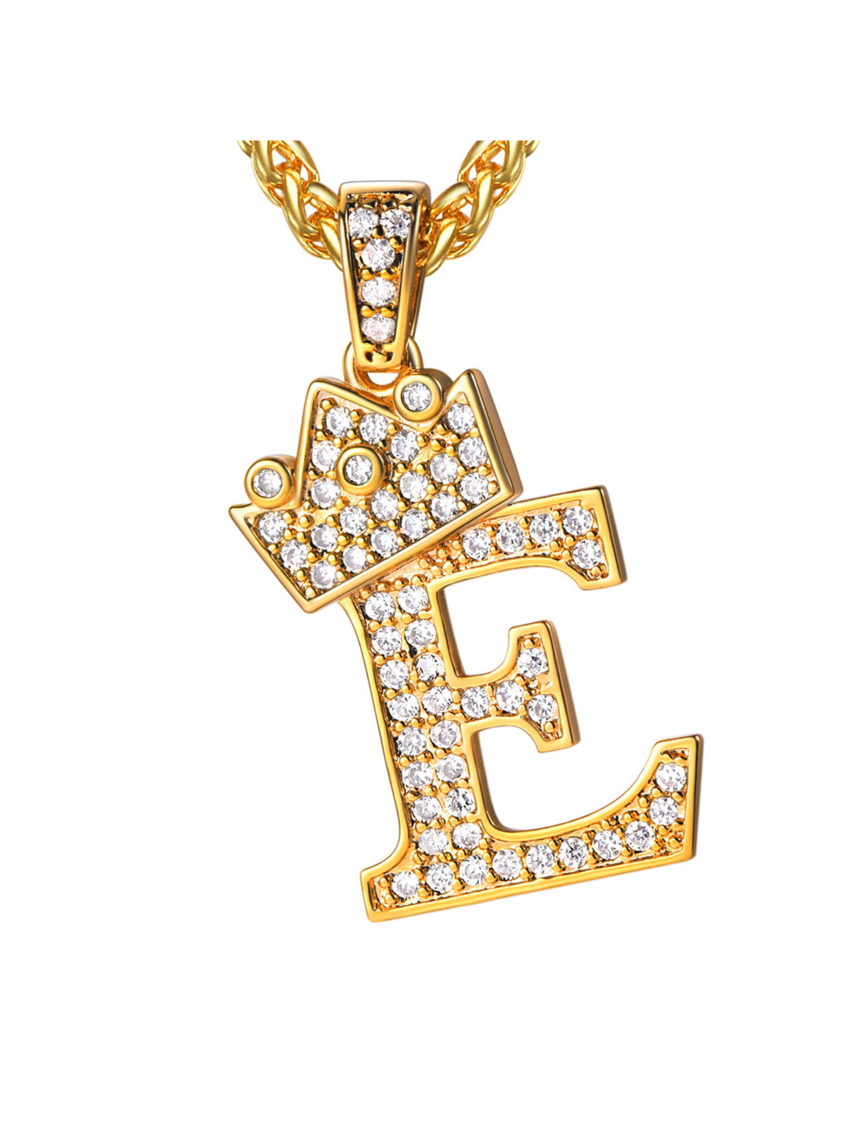 Crown Initial E Pendant Iced Out Necklace with CZ in 18K Gold