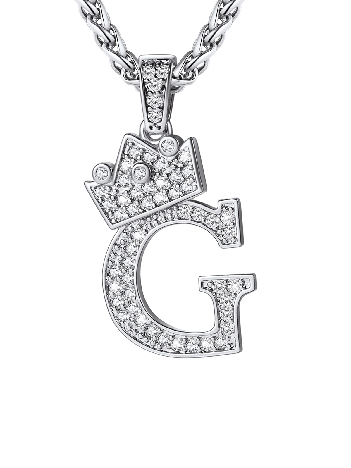 Crown Initial G Pendant Iced Out Necklace with CZ in Silver