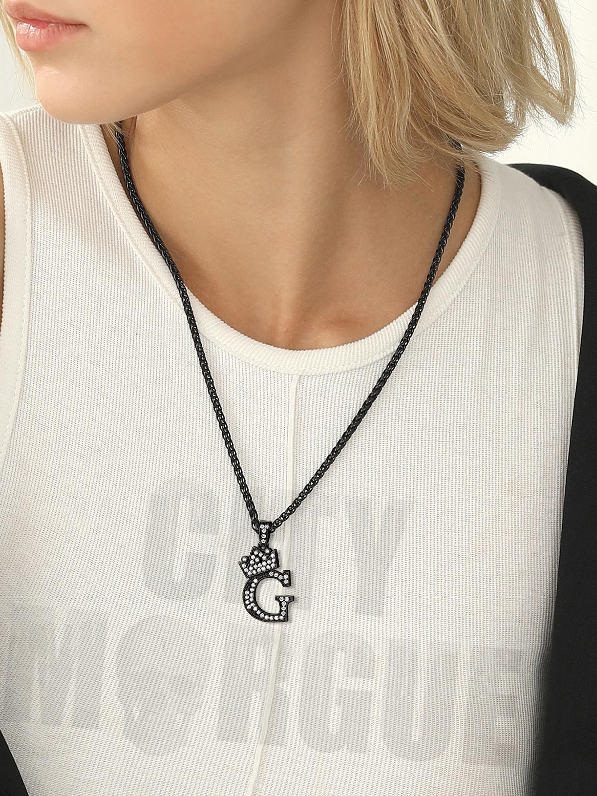 Crown Initial G Pendant Iced Out Necklace with CZ in Black