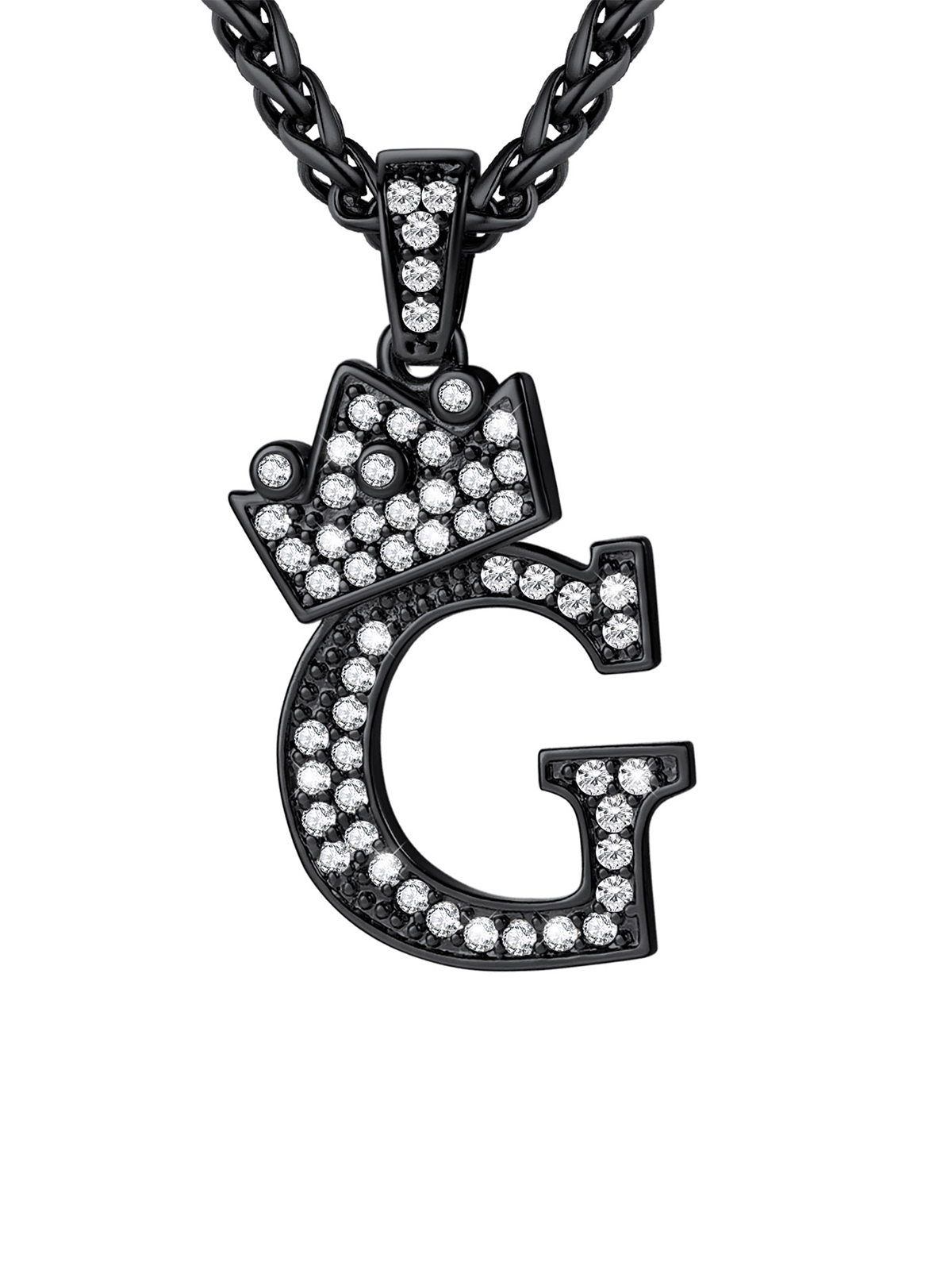 Crown Initial G Pendant Iced Out Necklace with CZ in Black