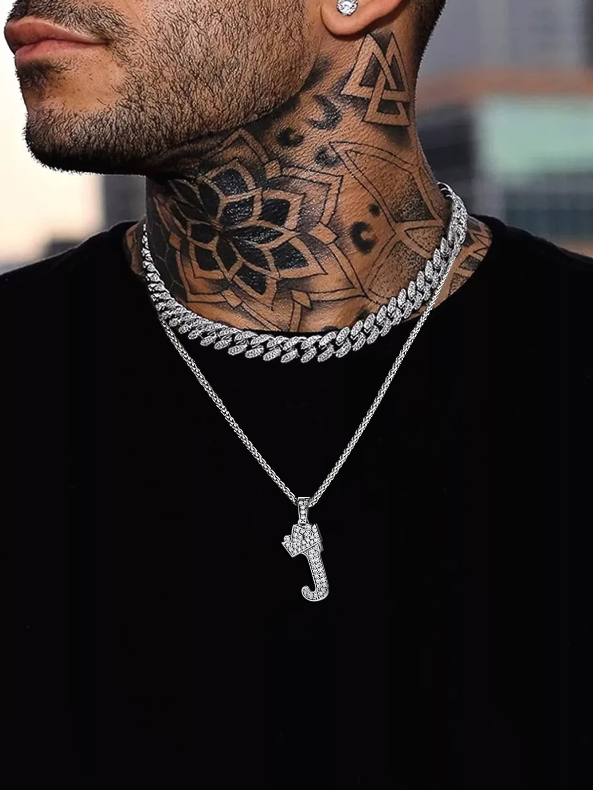 Crown Initial J Pendant Iced Out Necklace with CZ in Silver