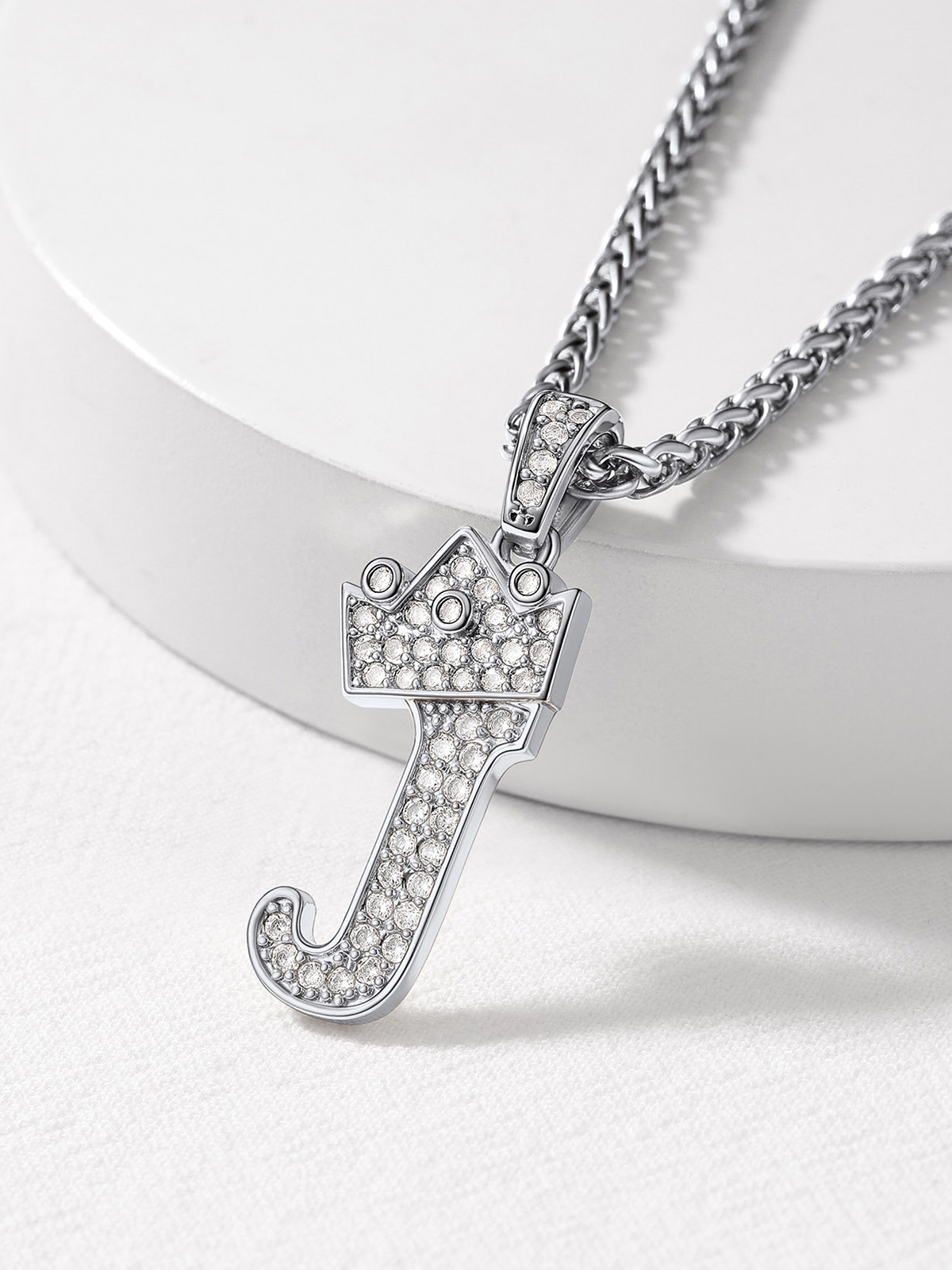 Crown Initial J Pendant Iced Out Necklace with CZ in Silver
