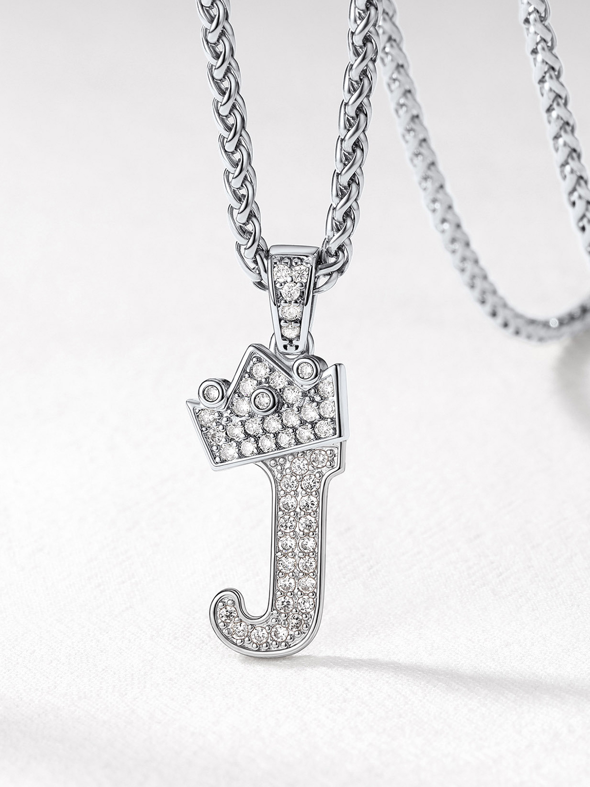 Crown Initial J Pendant Iced Out Necklace with CZ in Silver