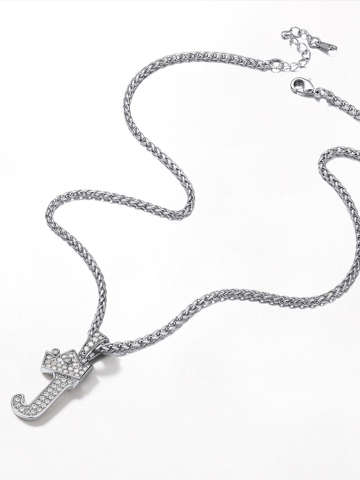 Crown Initial J Pendant Iced Out Necklace with CZ in Silver