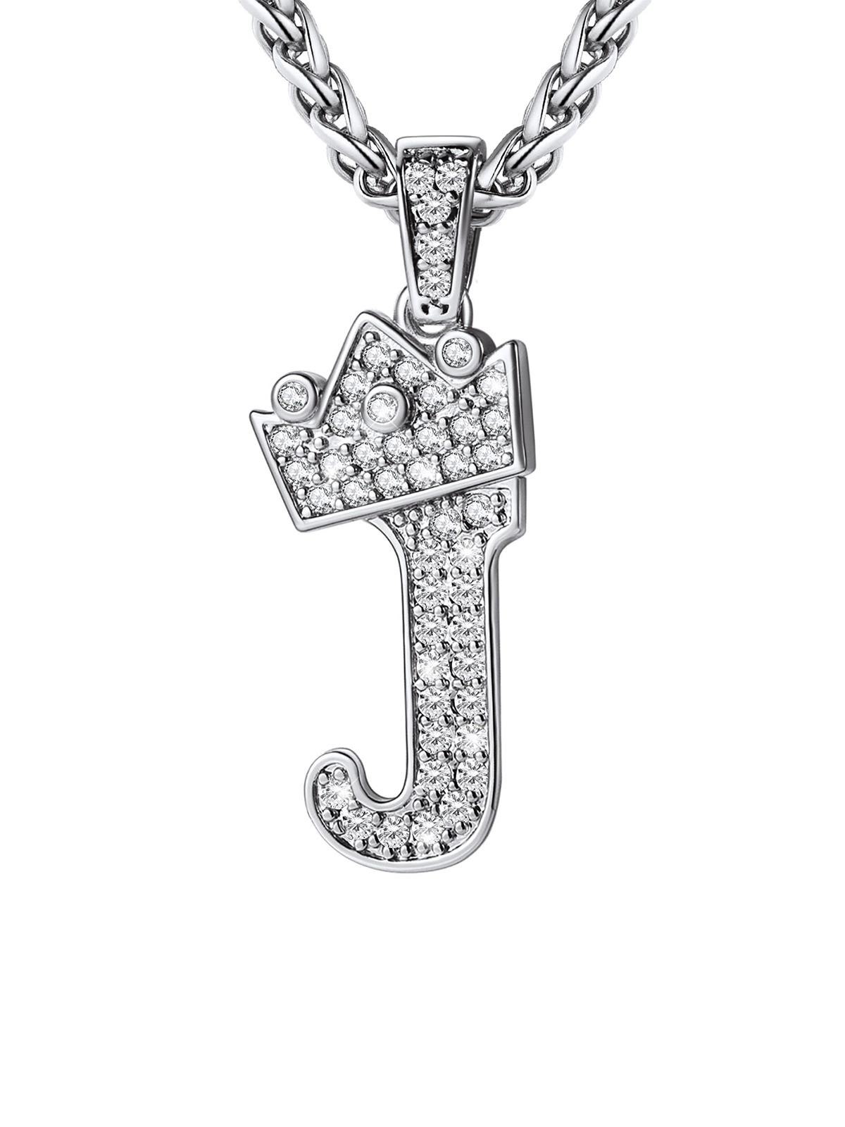 Crown Initial J Pendant Iced Out Necklace with CZ in Silver