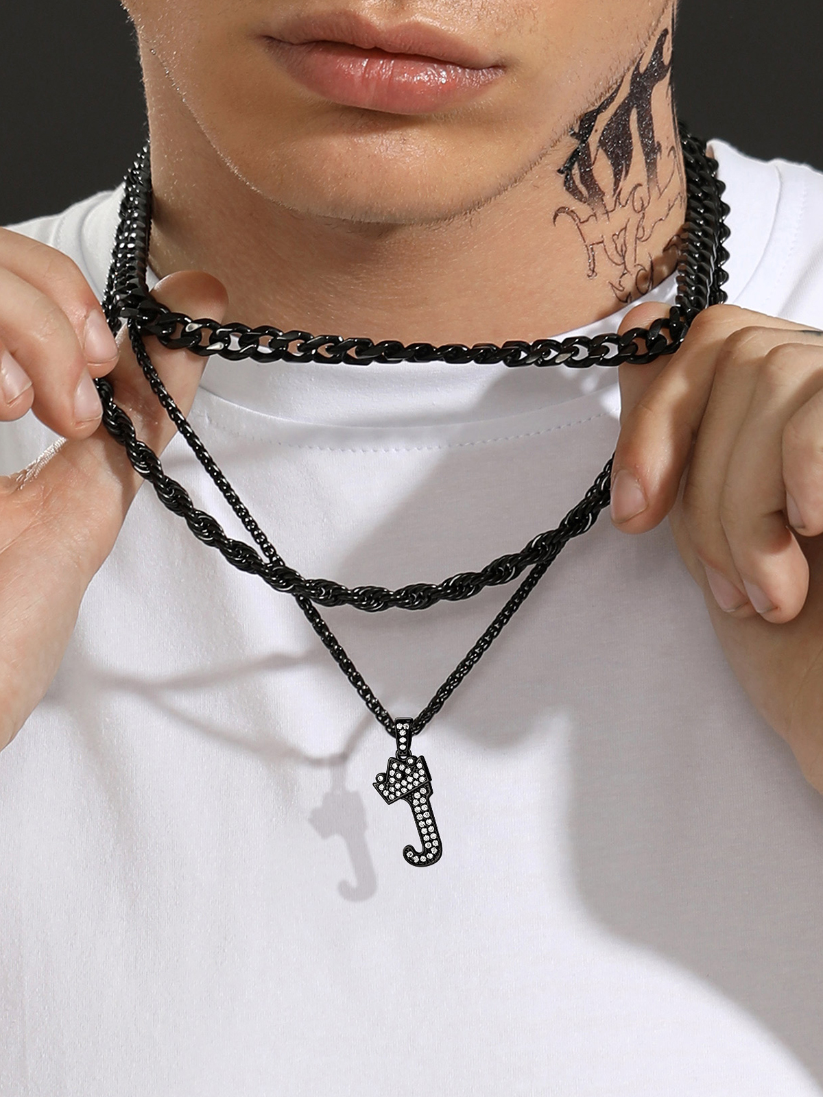 Crown Initial J Pendant Iced Out Necklace with CZ in Black