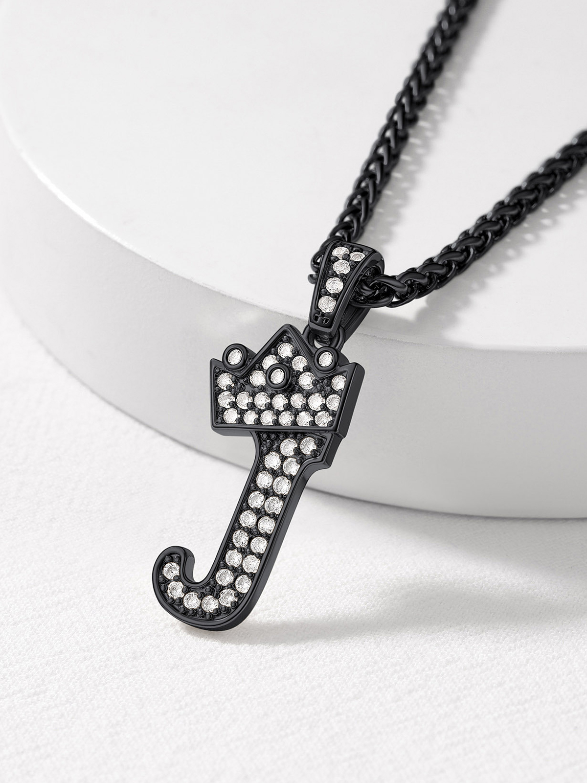 Crown Initial J Pendant Iced Out Necklace with CZ in Black