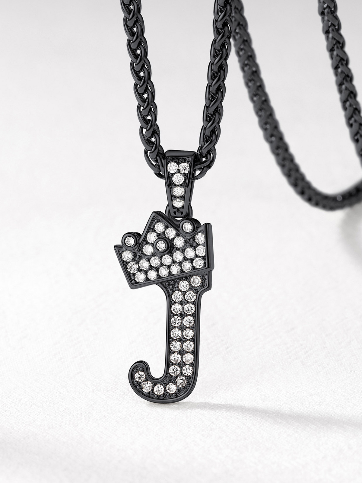 Crown Initial J Pendant Iced Out Necklace with CZ in Black