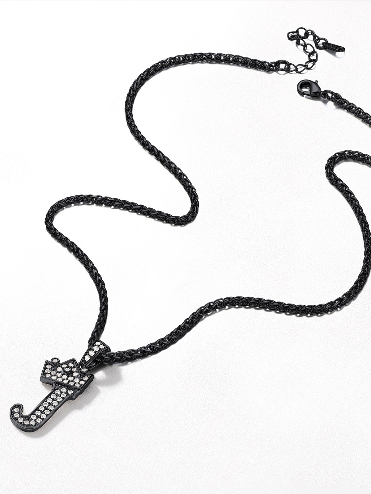 Crown Initial J Pendant Iced Out Necklace with CZ in Black
