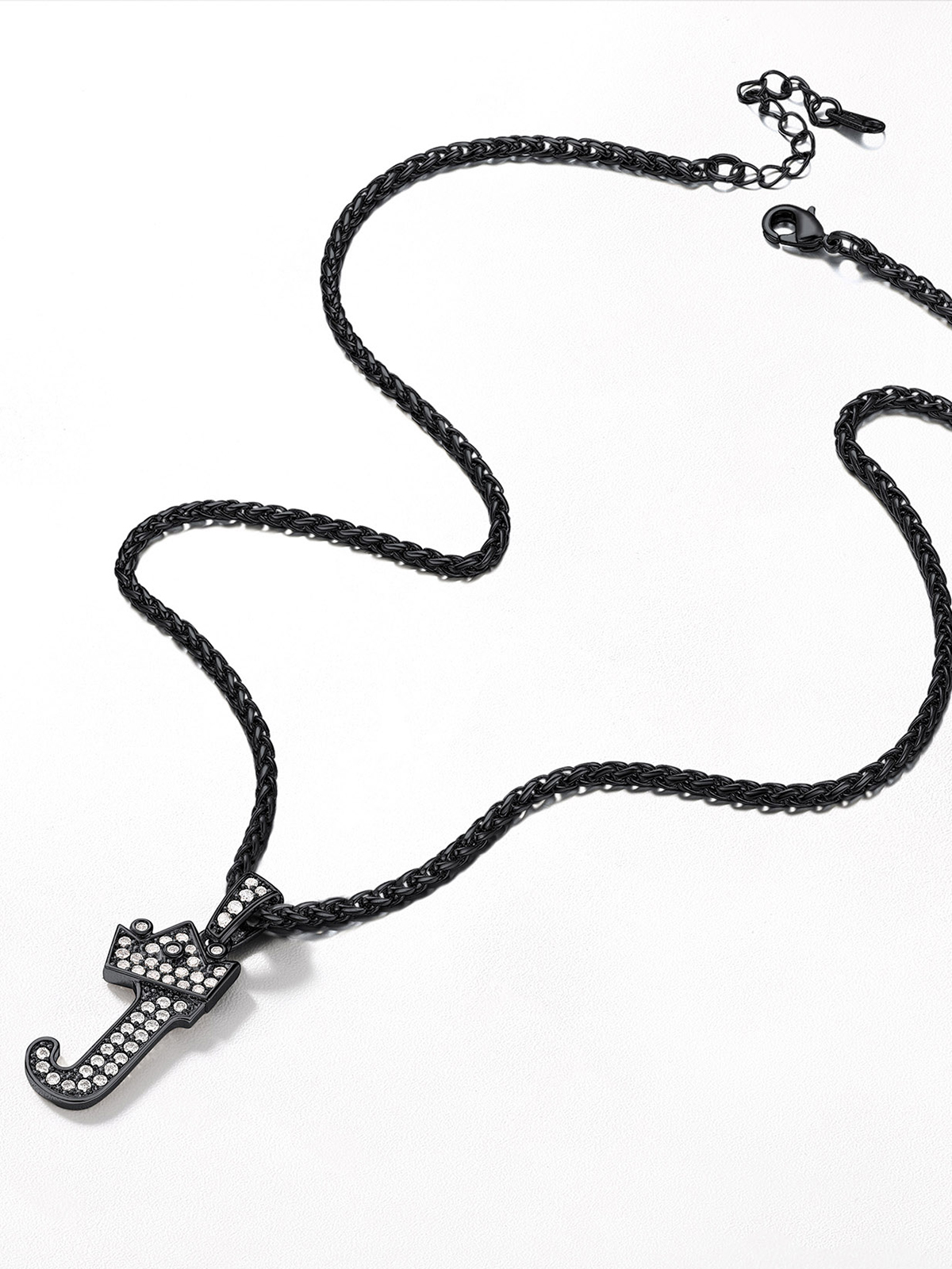 Crown Initial J Pendant Iced Out Necklace with CZ in Black