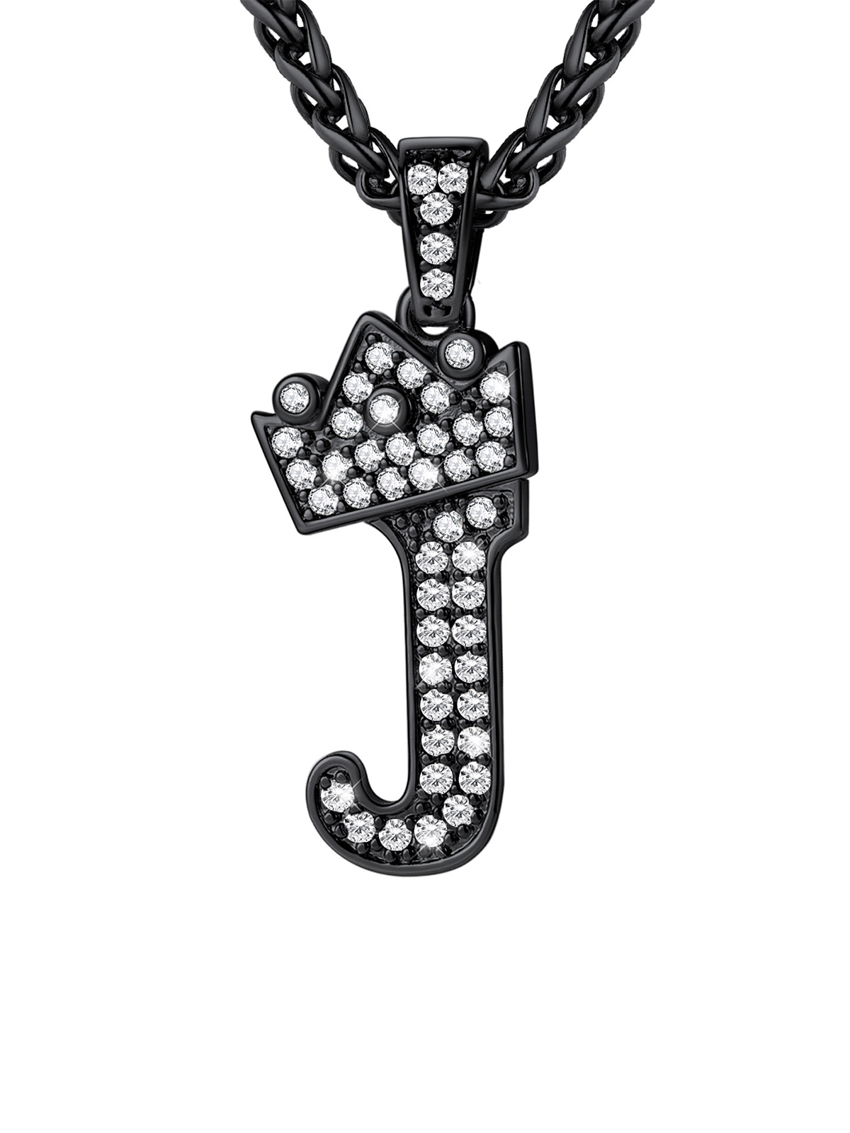Crown Initial J Pendant Iced Out Necklace with CZ in Black