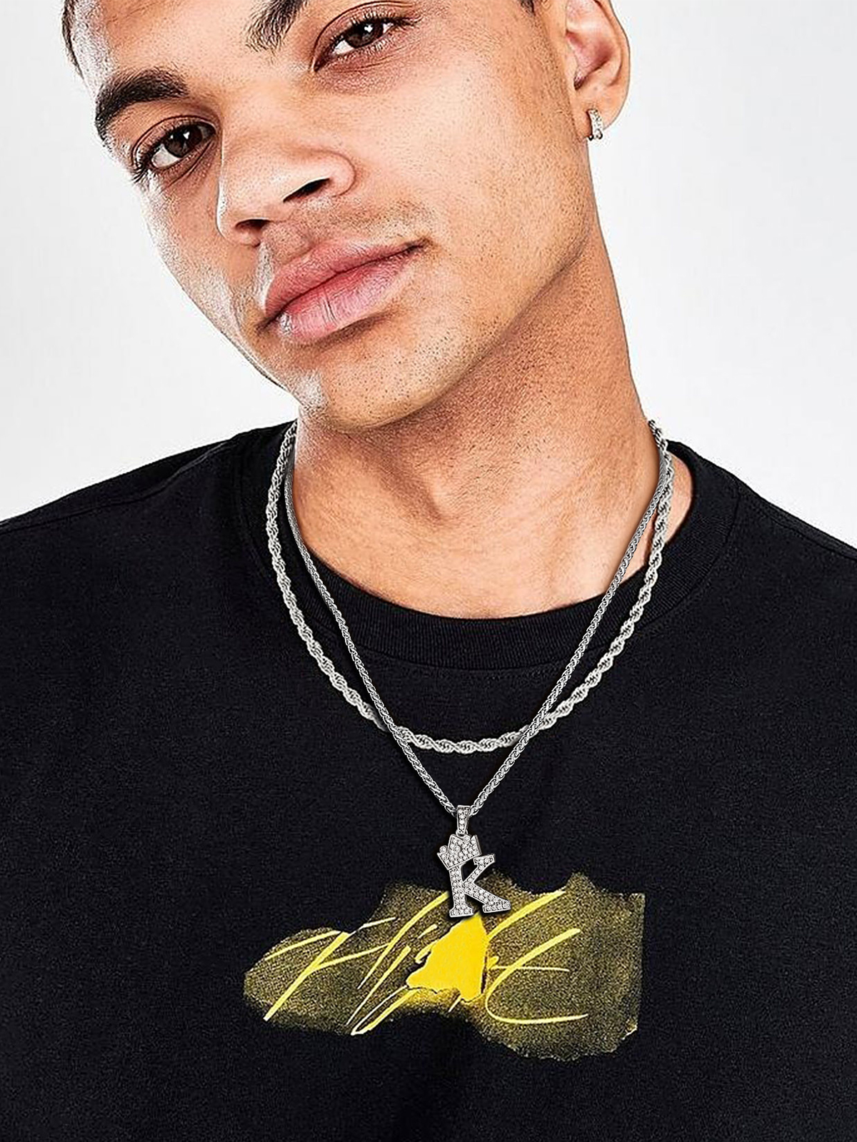 Crown Initial K Pendant Iced Out Necklace with CZ in Silver